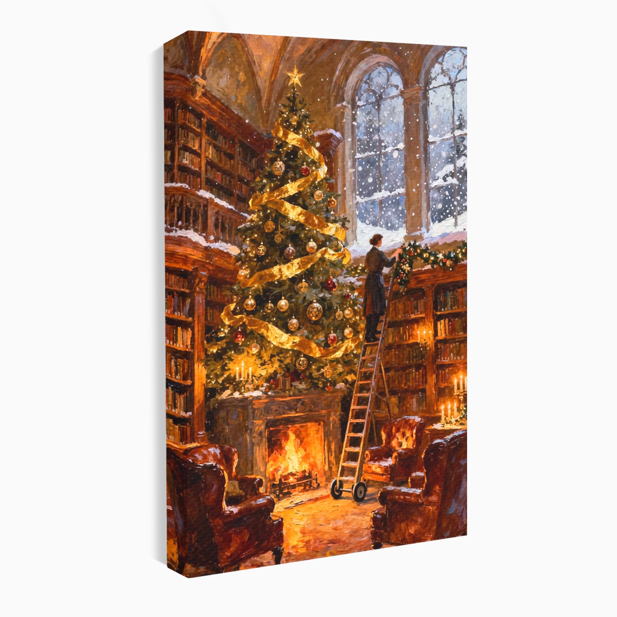Tablou Canvas Premium LuxCanva® PI1334, Biblioteca De Craciun, Scara, Carti, Bibliotecar, Iarna, Culori Vibrante, Living, Dormitor