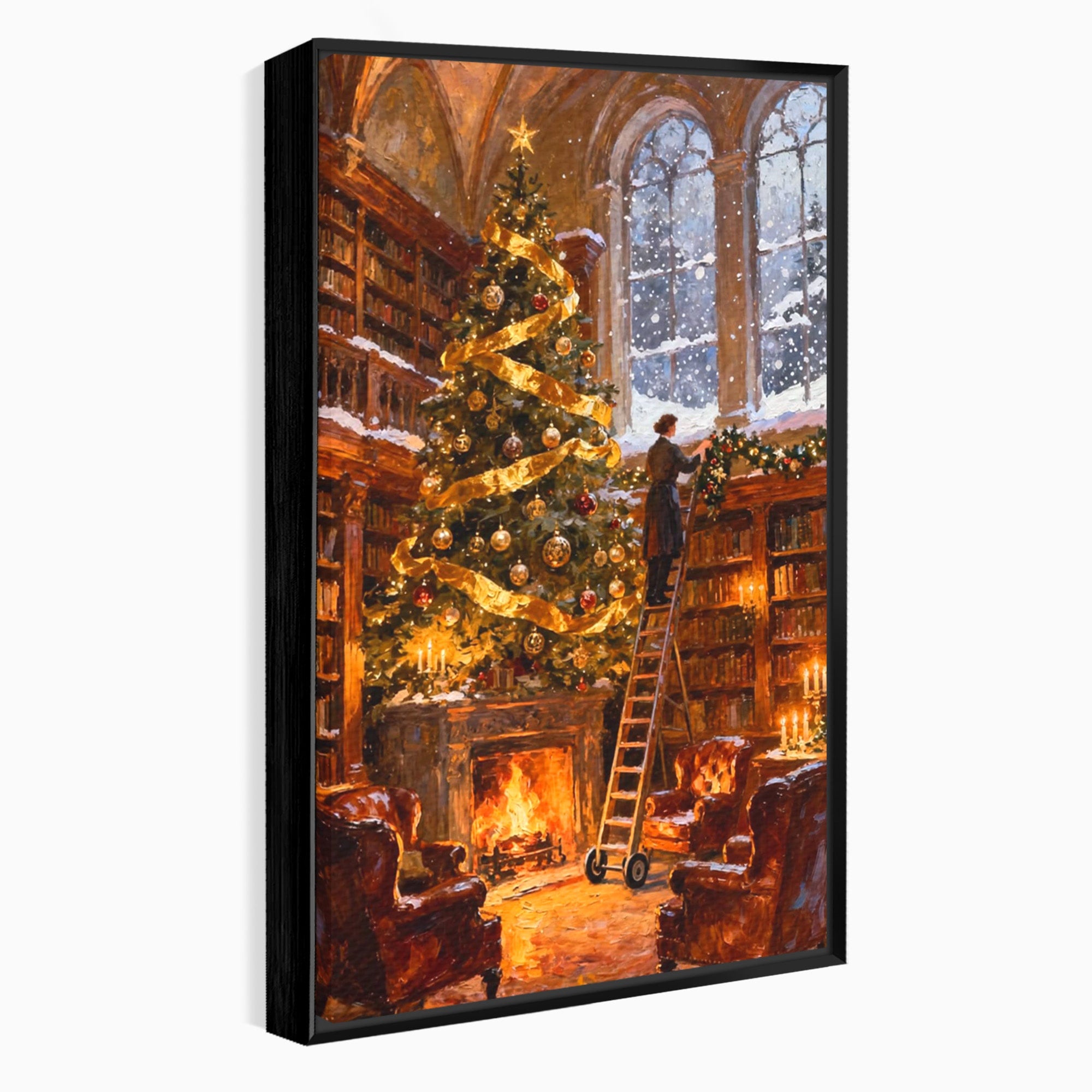 Tablou Canvas Premium LuxCanva® PI1334, Biblioteca De Craciun, Scara, Carti, Bibliotecar, Iarna, Culori Vibrante, Living, Dormitor