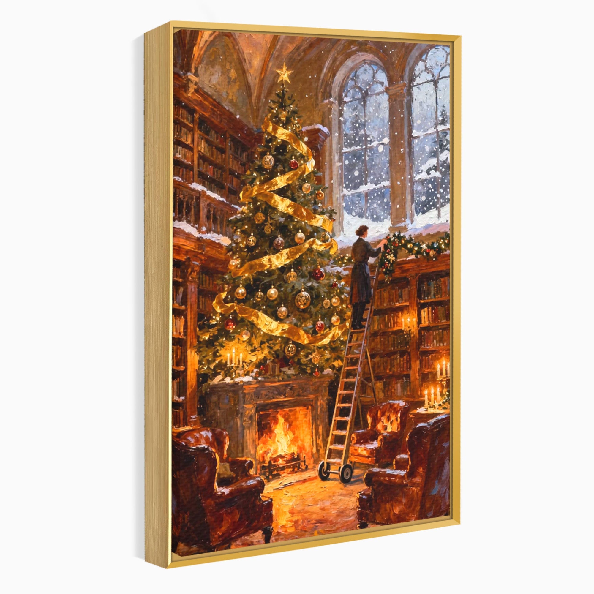 Tablou Canvas Premium LuxCanva® PI1334, Biblioteca De Craciun, Scara, Carti, Bibliotecar, Iarna, Culori Vibrante, Living, Dormitor