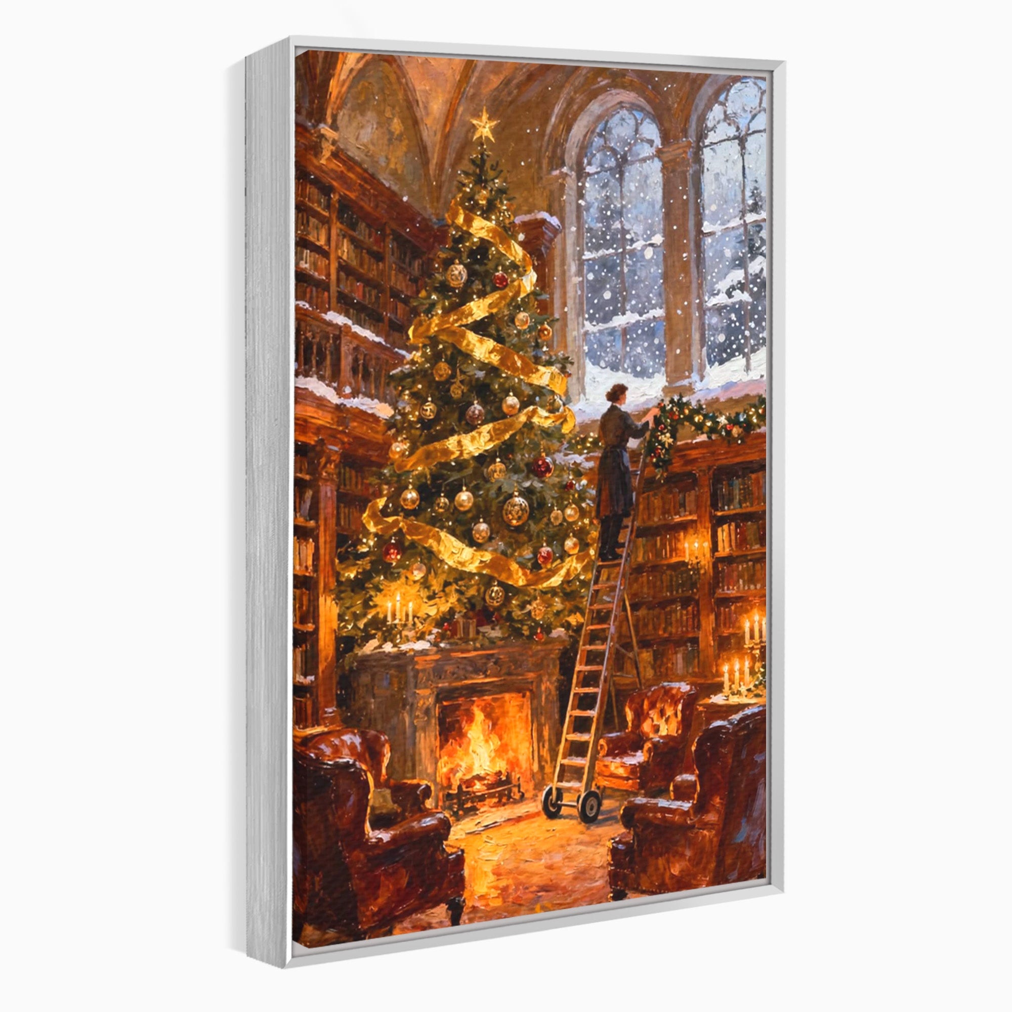 Tablou Canvas Premium LuxCanva® PI1334, Biblioteca De Craciun, Scara, Carti, Bibliotecar, Iarna, Culori Vibrante, Living, Dormitor