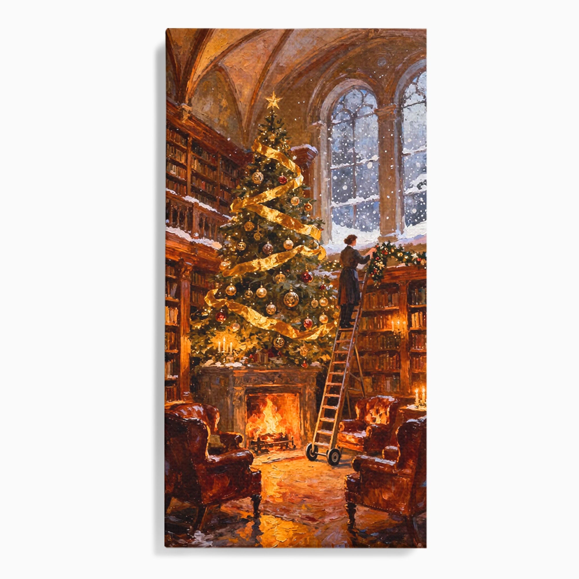 Tablou Canvas Premium LuxCanva® PI1334, Biblioteca De Craciun, Scara, Carti, Bibliotecar, Iarna, Culori Vibrante, Living, Dormitor