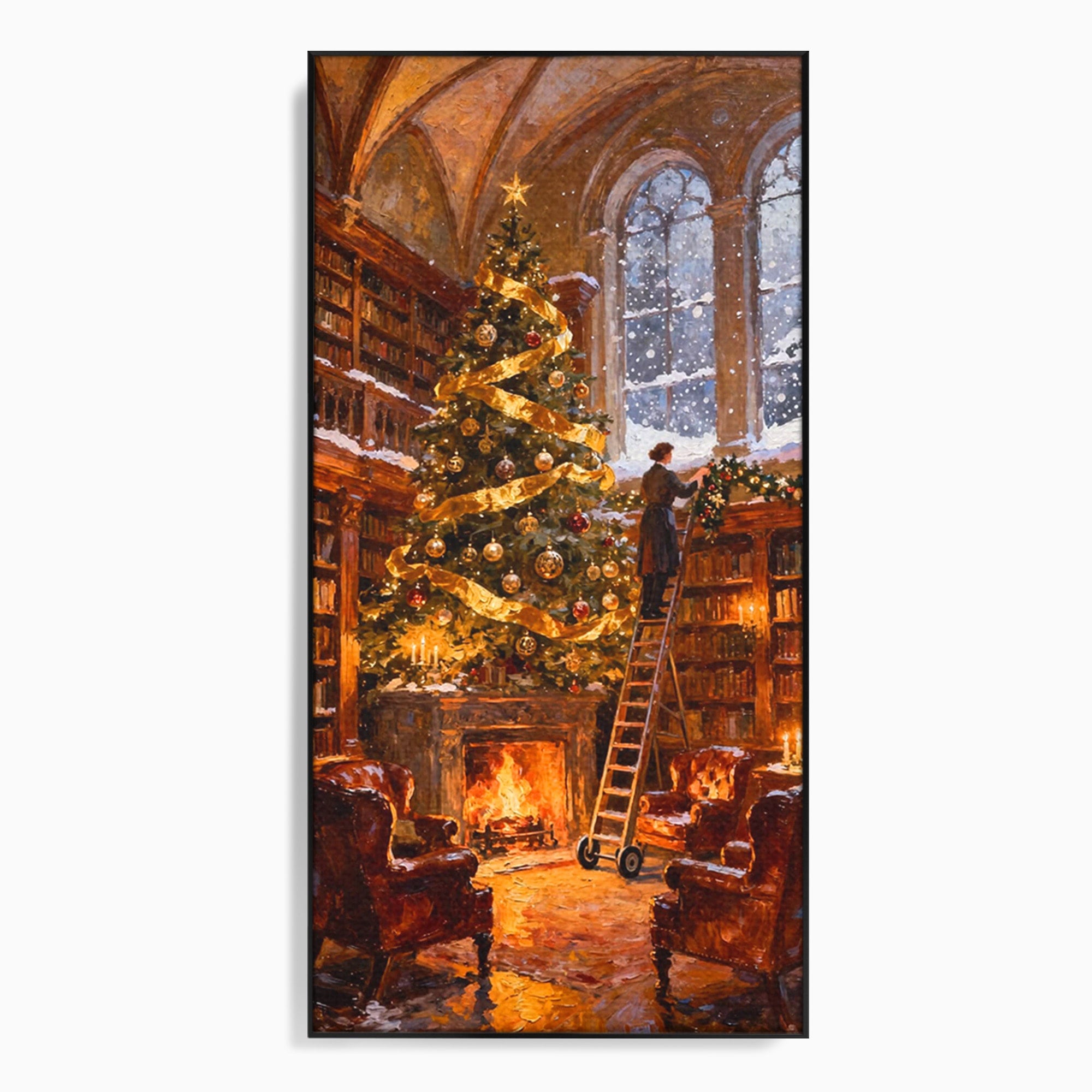 Tablou Canvas Premium LuxCanva® PI1334, Biblioteca De Craciun, Scara, Carti, Bibliotecar, Iarna, Culori Vibrante, Living, Dormitor