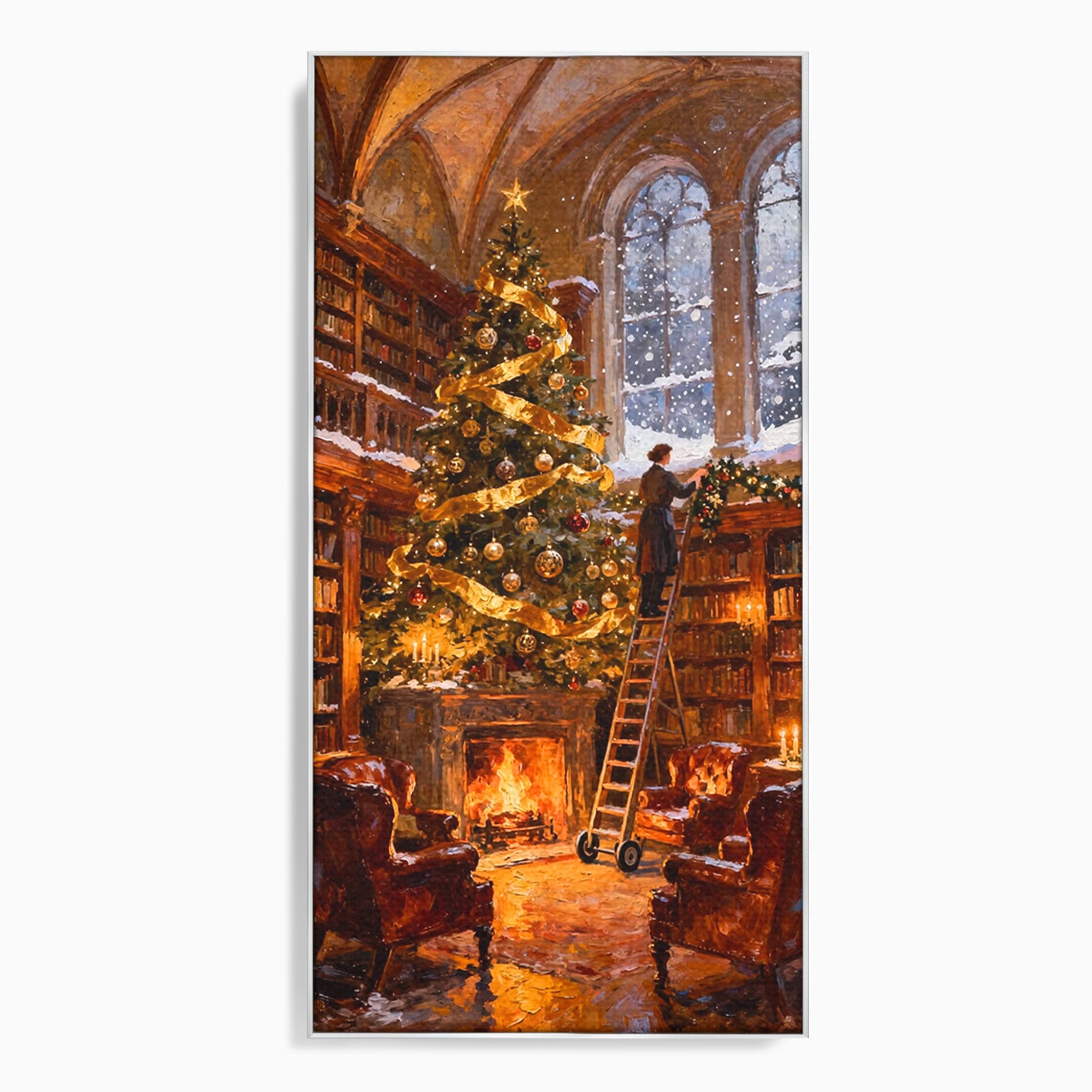 Tablou Canvas Premium LuxCanva® PI1334, Biblioteca De Craciun, Scara, Carti, Bibliotecar, Iarna, Culori Vibrante, Living, Dormitor