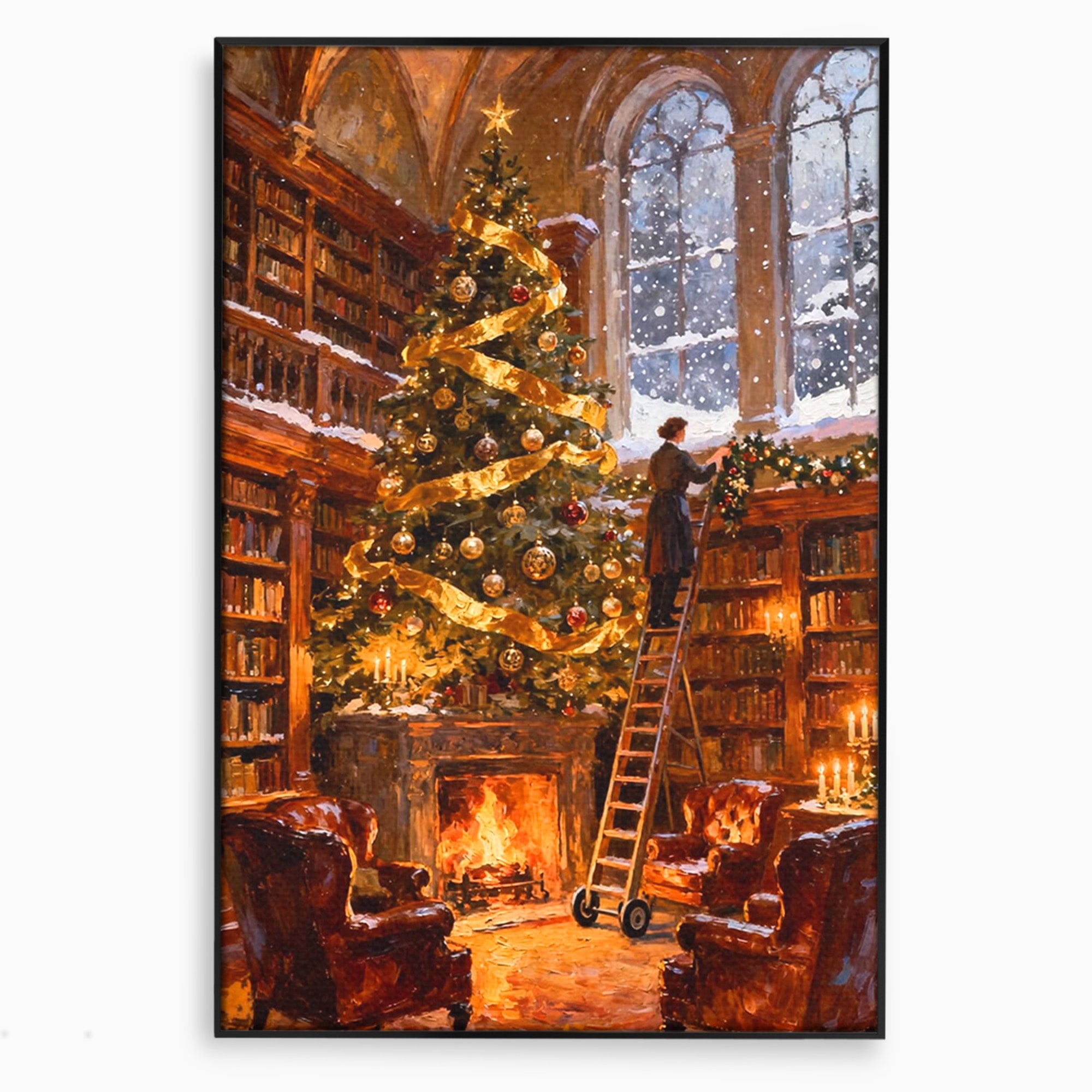 Tablou Canvas Premium LuxCanva® PI1334, Biblioteca De Craciun, Scara, Carti, Bibliotecar, Iarna, Culori Vibrante, Living, Dormitor