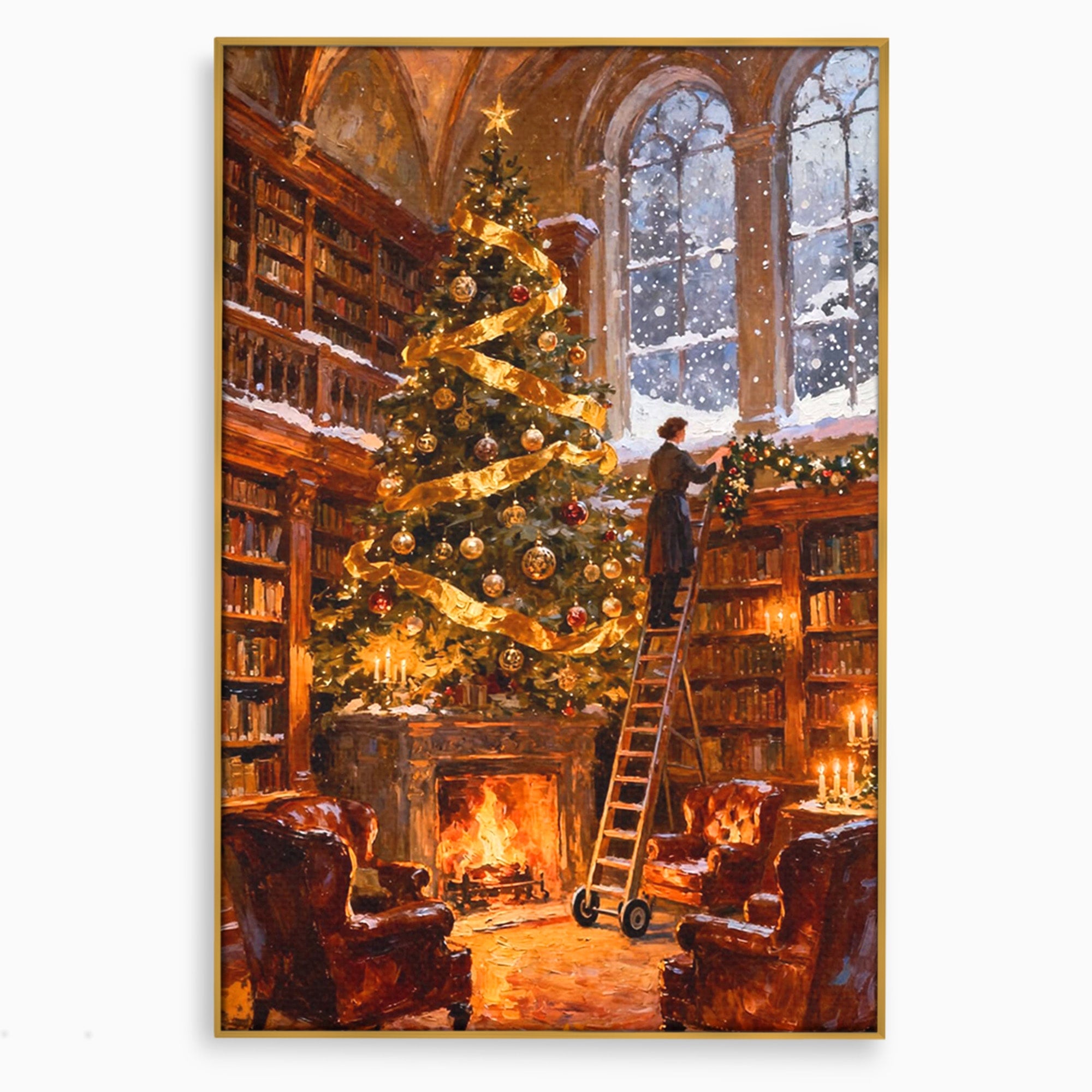 Tablou Canvas Premium LuxCanva® PI1334, Biblioteca De Craciun, Scara, Carti, Bibliotecar, Iarna, Culori Vibrante, Living, Dormitor