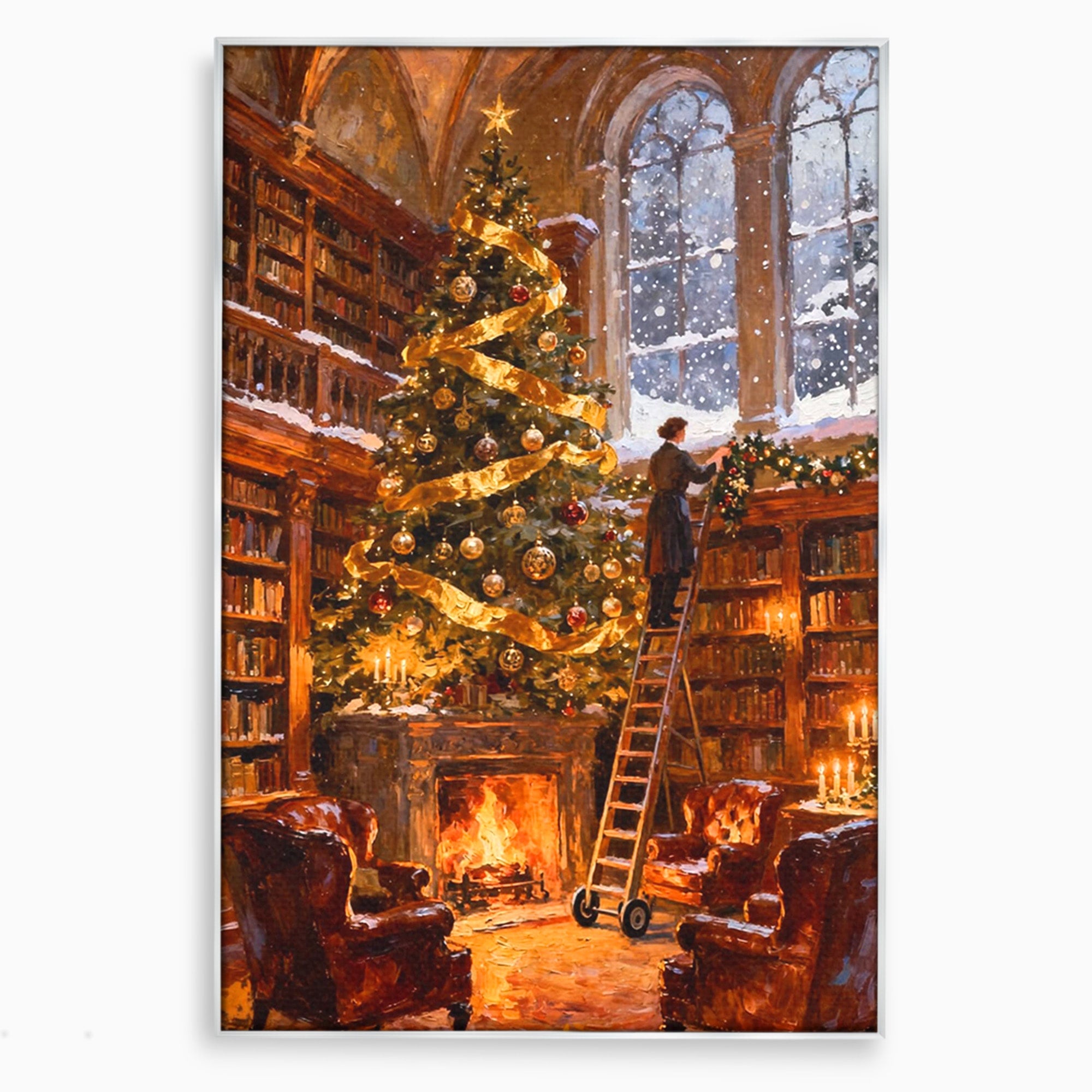 Tablou Canvas Premium LuxCanva® PI1334, Biblioteca De Craciun, Scara, Carti, Bibliotecar, Iarna, Culori Vibrante, Living, Dormitor