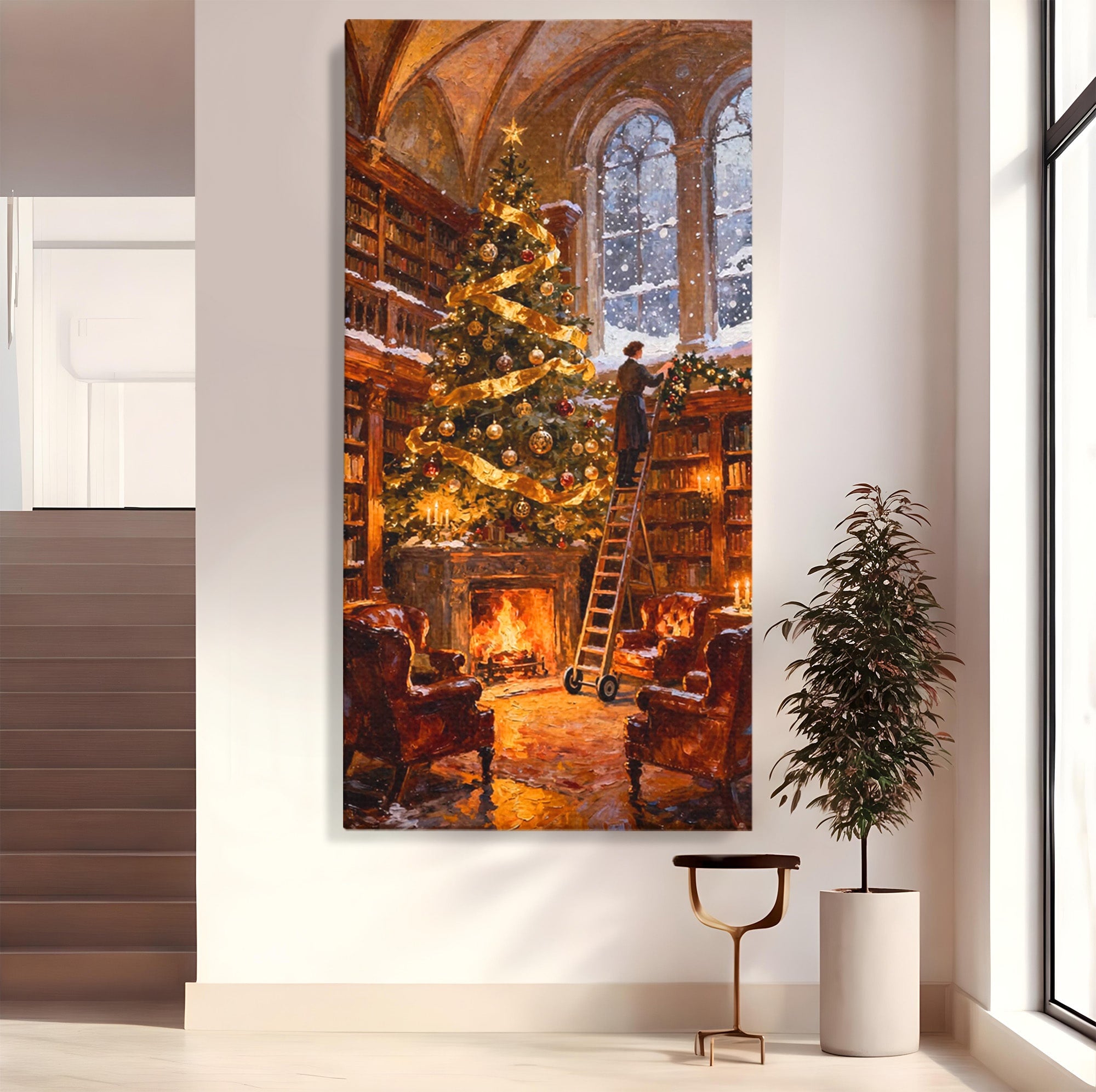 Tablou Canvas Premium LuxCanva® PI1334, Biblioteca De Craciun, Scara, Carti, Bibliotecar, Iarna, Culori Vibrante, Living, Dormitor
