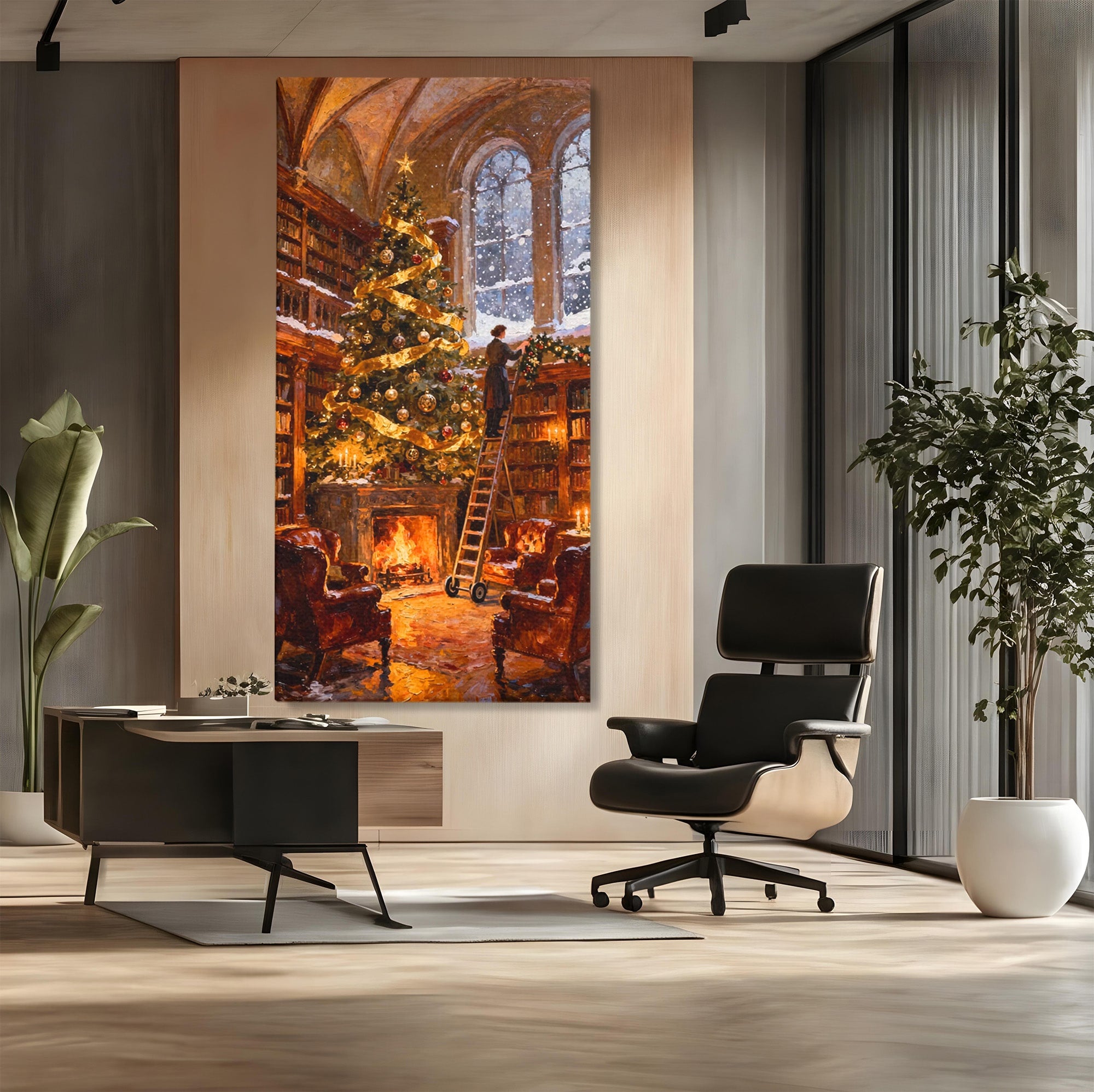 Tablou Canvas Premium LuxCanva® PI1334, Biblioteca De Craciun, Scara, Carti, Bibliotecar, Iarna, Culori Vibrante, Living, Dormitor