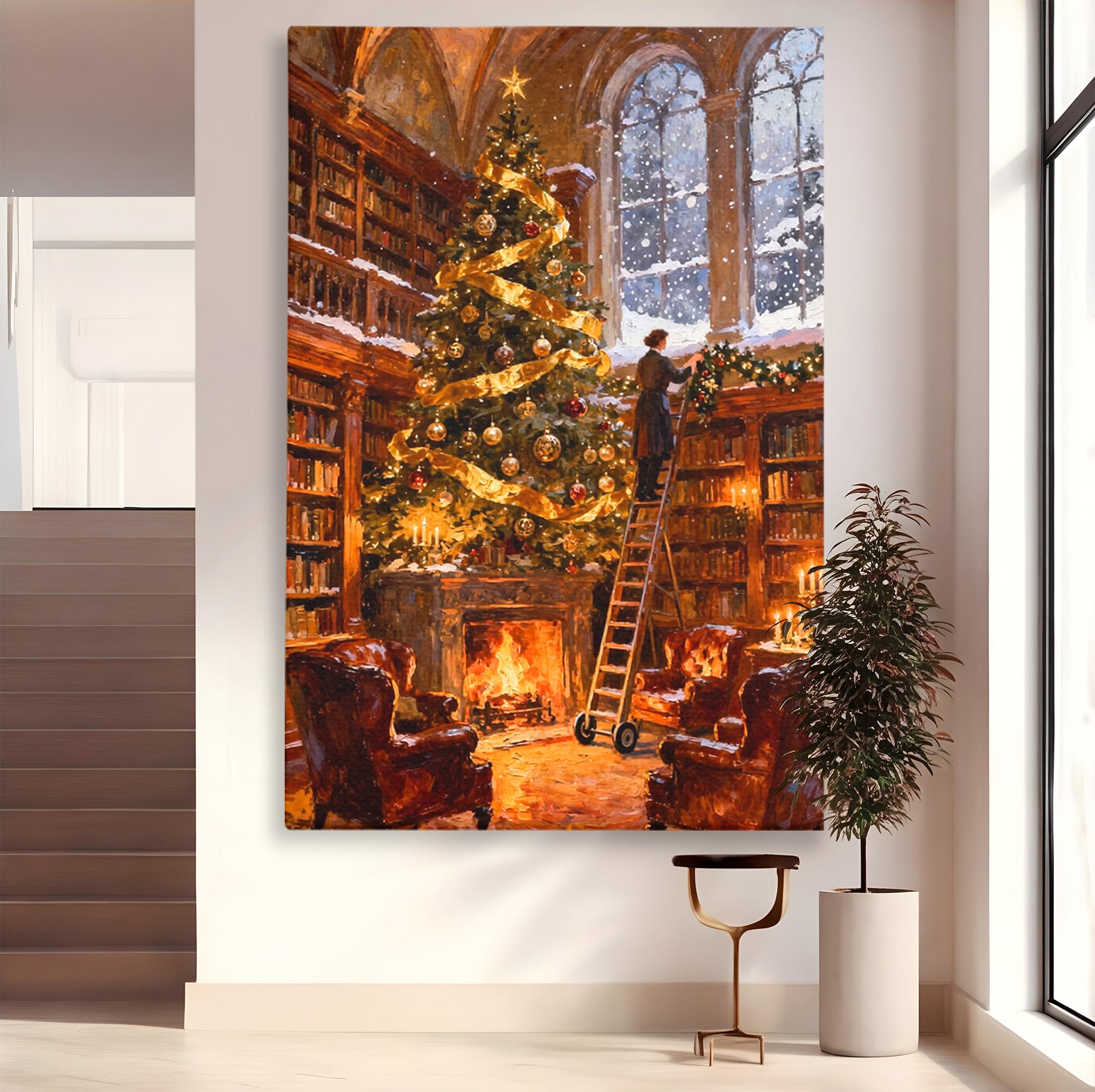 Tablou Canvas Premium LuxCanva® PI1334, Biblioteca De Craciun, Scara, Carti, Bibliotecar, Iarna, Culori Vibrante, Living, Dormitor