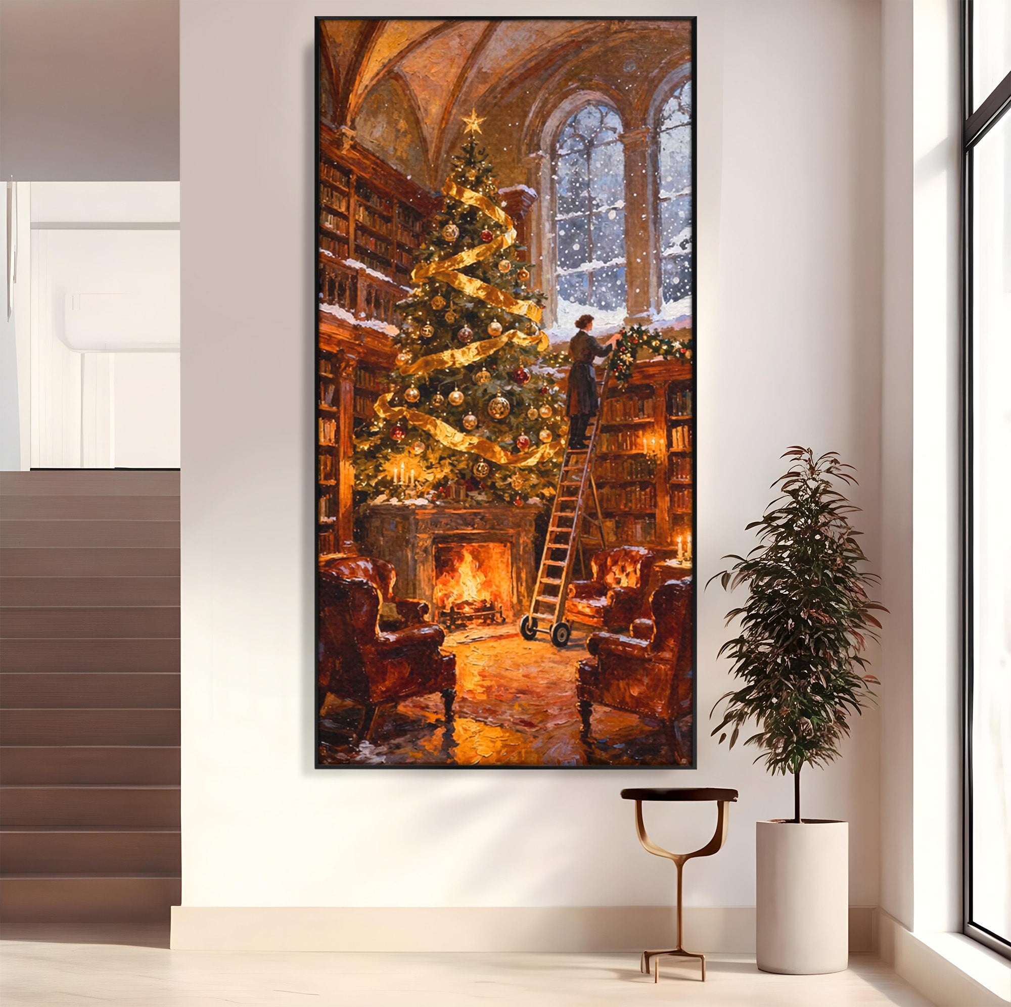 Tablou Canvas Premium LuxCanva® PI1334, Biblioteca De Craciun, Scara, Carti, Bibliotecar, Iarna, Culori Vibrante, Living, Dormitor