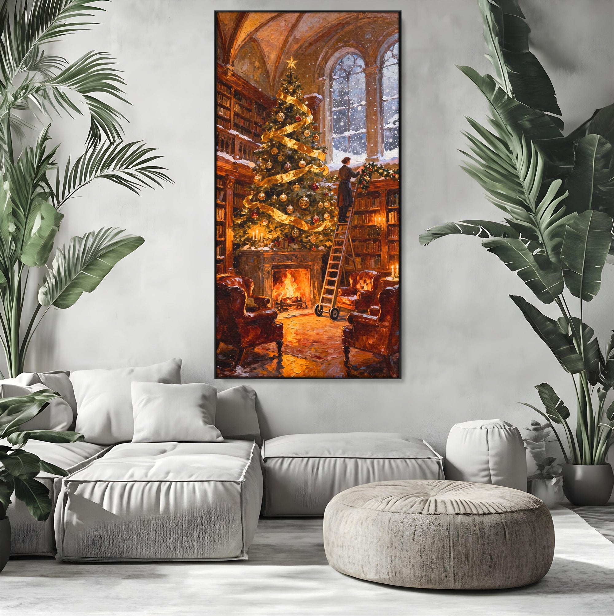 Tablou Canvas Premium LuxCanva® PI1334, Biblioteca De Craciun, Scara, Carti, Bibliotecar, Iarna, Culori Vibrante, Living, Dormitor