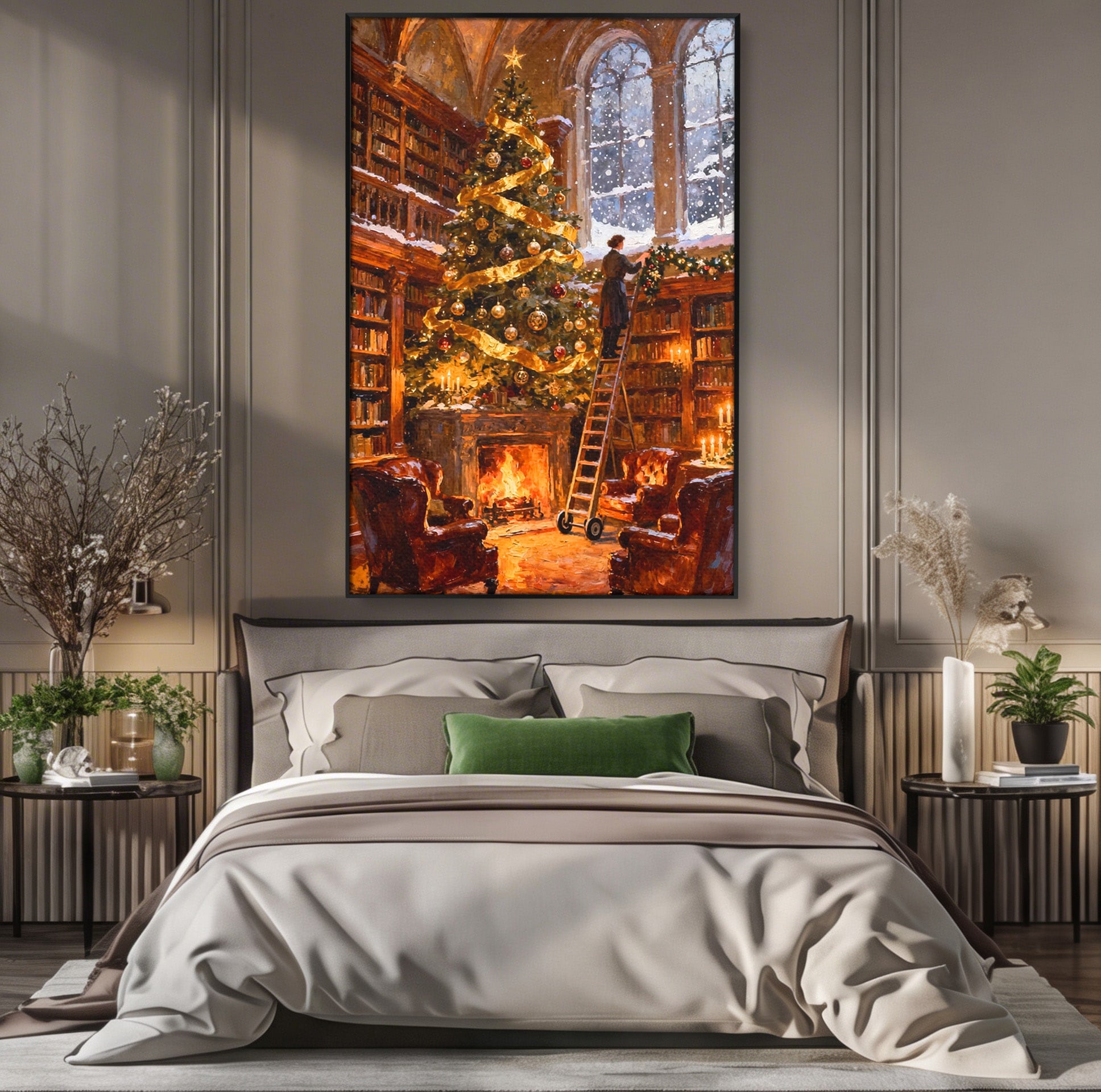 Tablou Canvas Premium LuxCanva® PI1334, Biblioteca De Craciun, Scara, Carti, Bibliotecar, Iarna, Culori Vibrante, Living, Dormitor