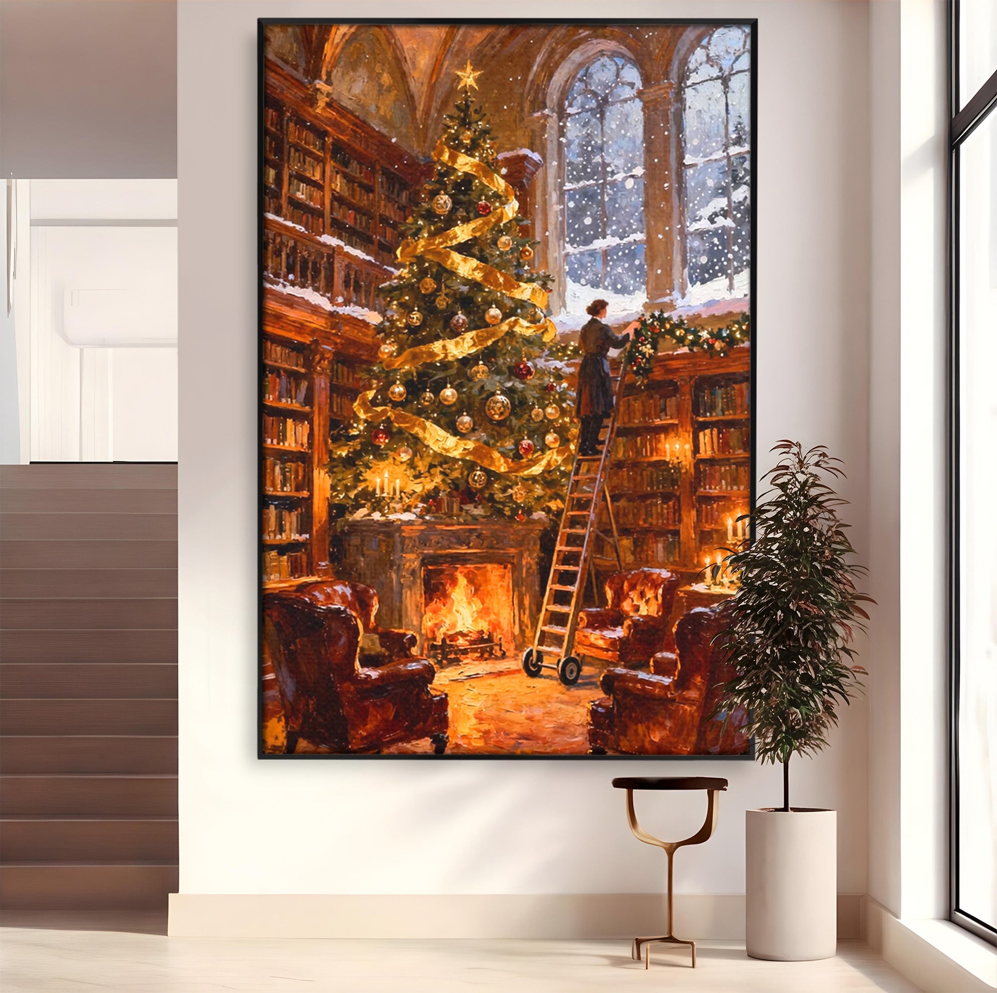 Tablou Canvas Premium LuxCanva® PI1334, Biblioteca De Craciun, Scara, Carti, Bibliotecar, Iarna, Culori Vibrante, Living, Dormitor