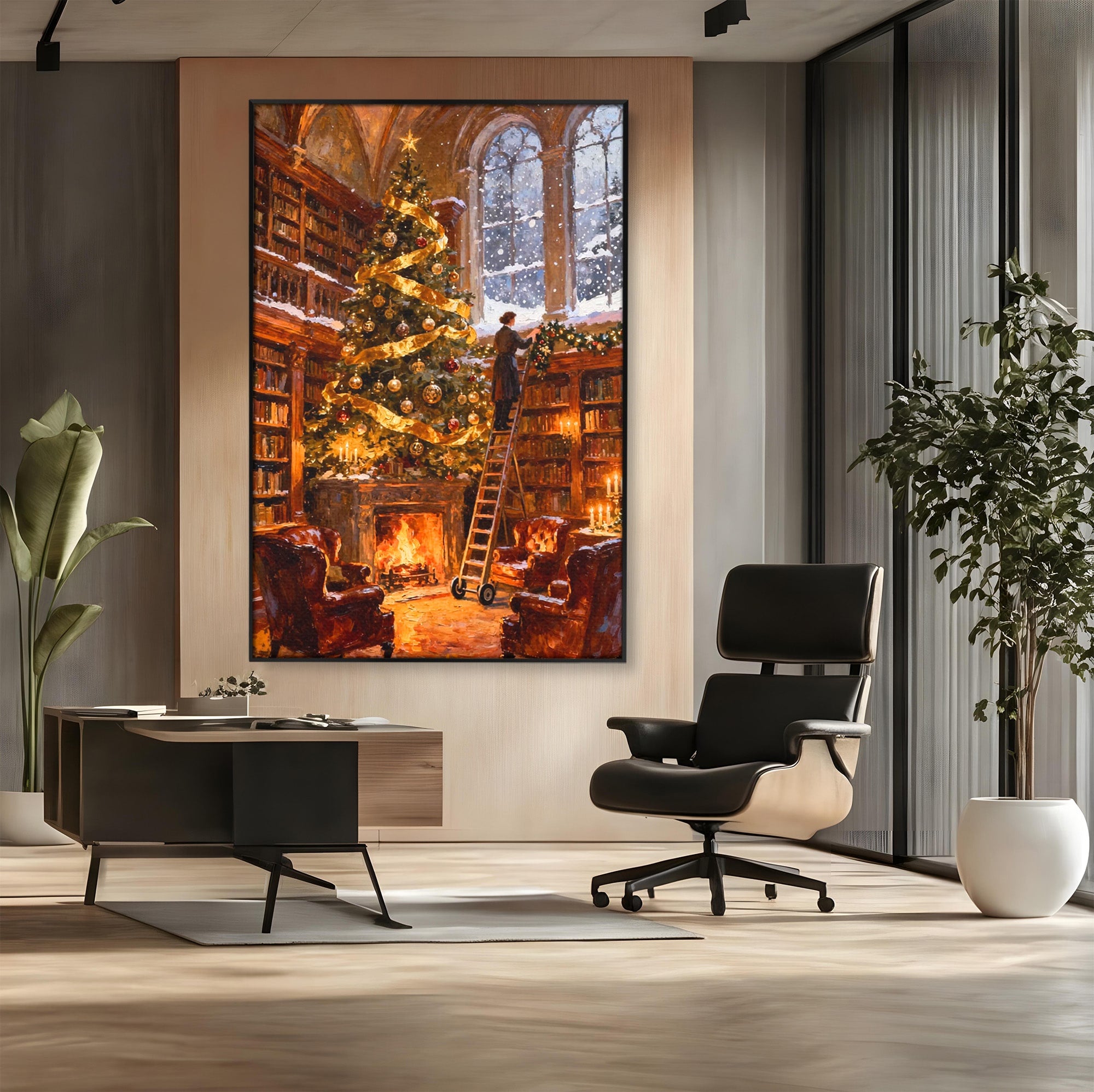 Tablou Canvas Premium LuxCanva® PI1334, Biblioteca De Craciun, Scara, Carti, Bibliotecar, Iarna, Culori Vibrante, Living, Dormitor