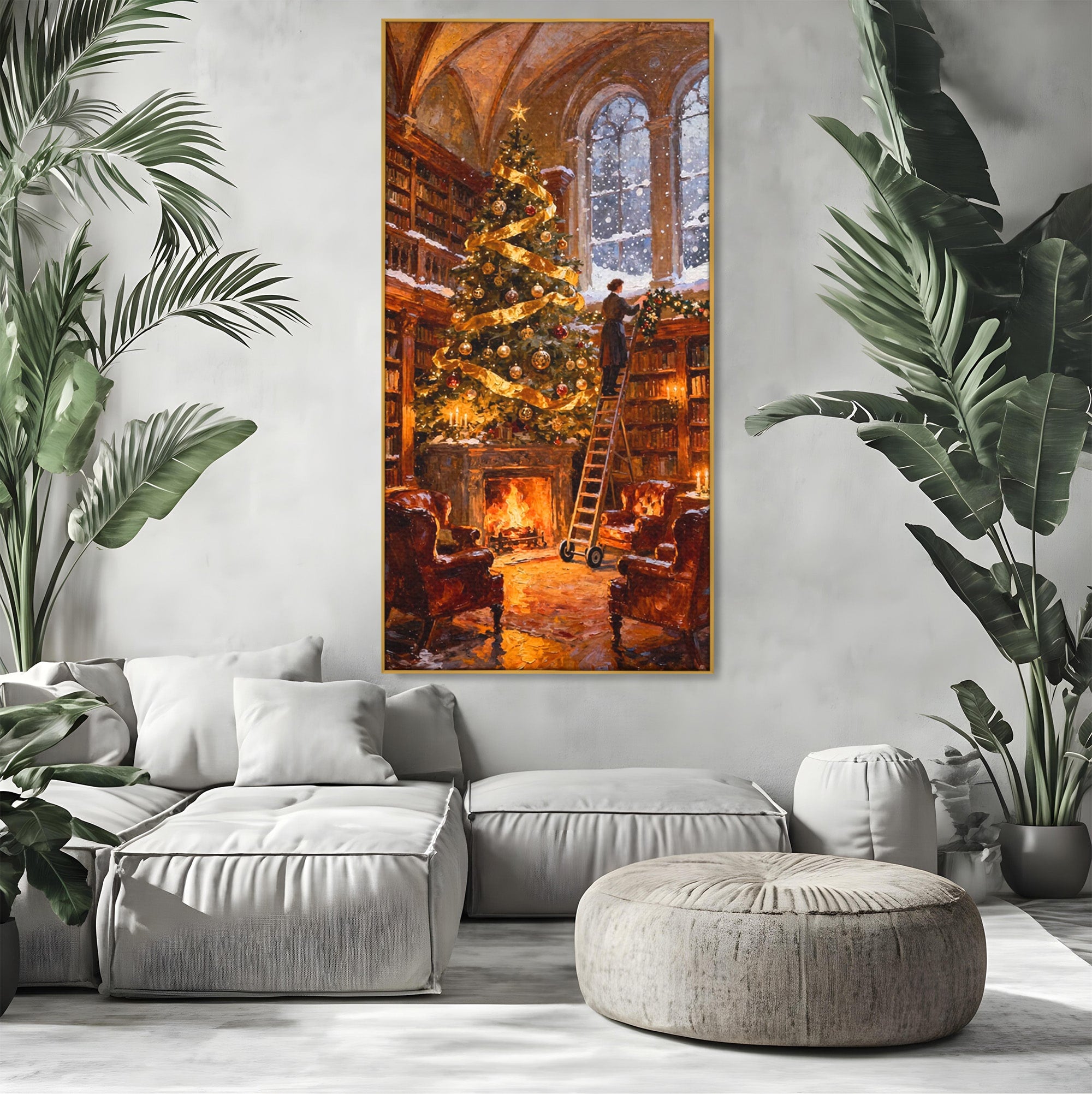 Tablou Canvas Premium LuxCanva® PI1334, Biblioteca De Craciun, Scara, Carti, Bibliotecar, Iarna, Culori Vibrante, Living, Dormitor