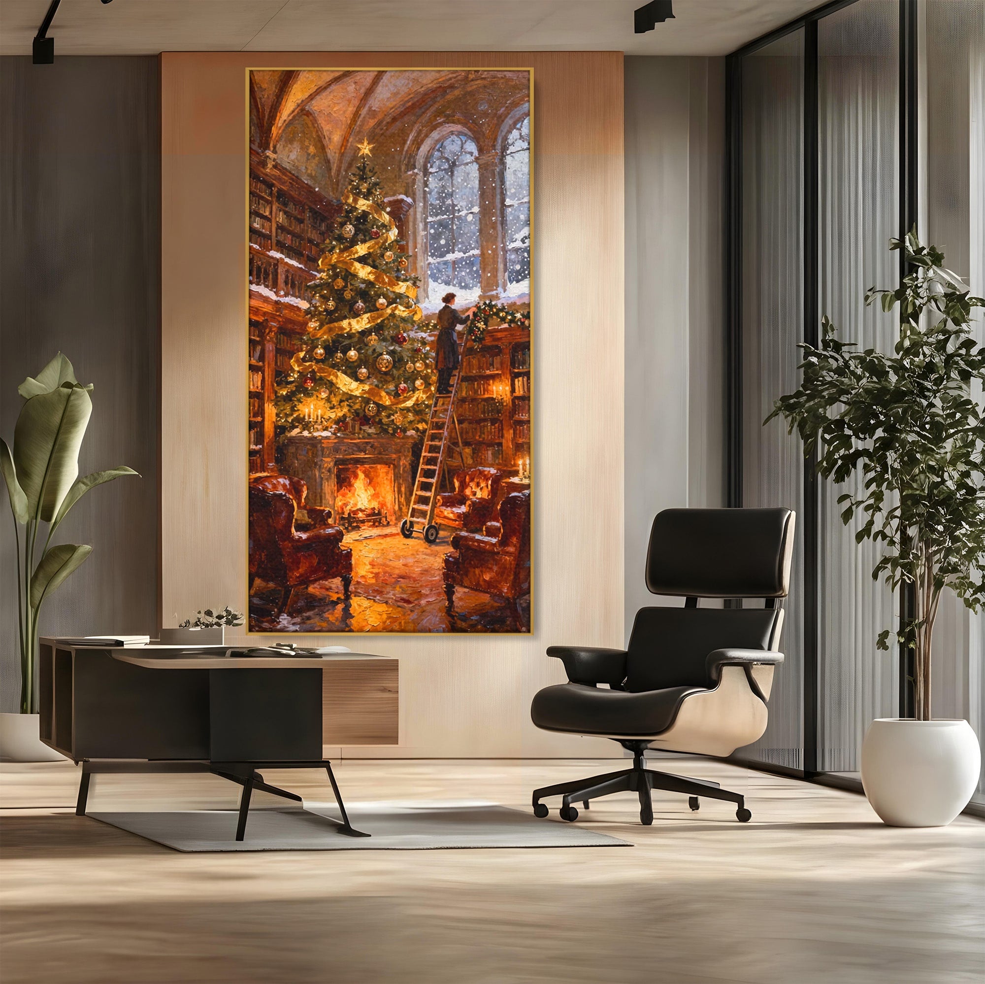 Tablou Canvas Premium LuxCanva® PI1334, Biblioteca De Craciun, Scara, Carti, Bibliotecar, Iarna, Culori Vibrante, Living, Dormitor