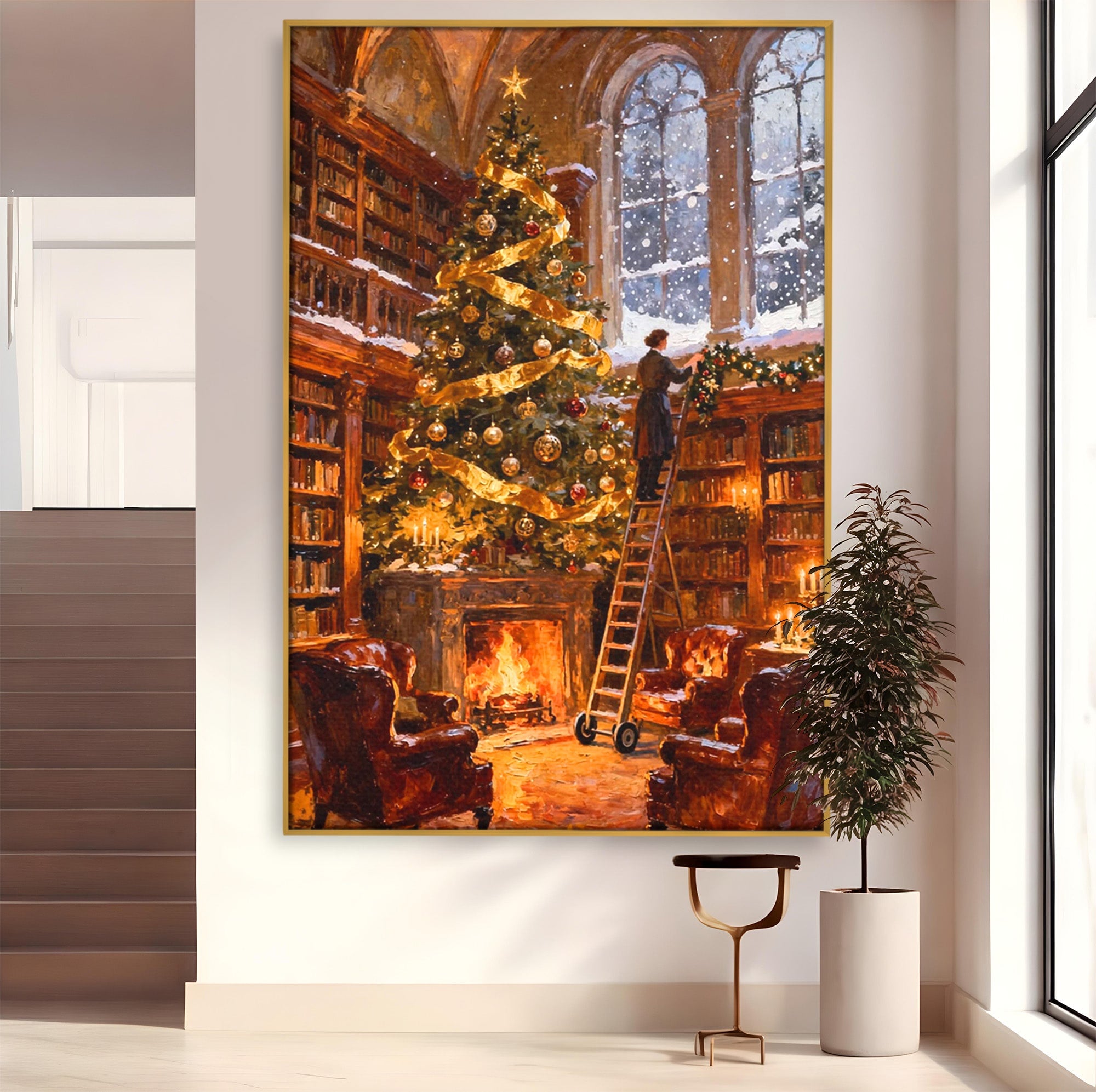 Tablou Canvas Premium LuxCanva® PI1334, Biblioteca De Craciun, Scara, Carti, Bibliotecar, Iarna, Culori Vibrante, Living, Dormitor