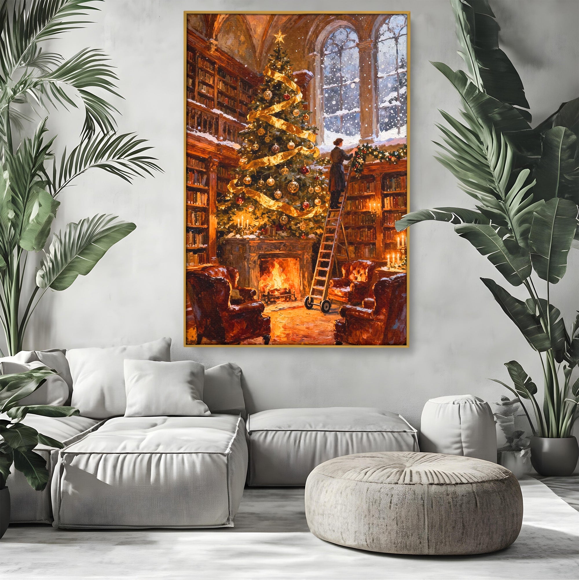 Tablou Canvas Premium LuxCanva® PI1334, Biblioteca De Craciun, Scara, Carti, Bibliotecar, Iarna, Culori Vibrante, Living, Dormitor