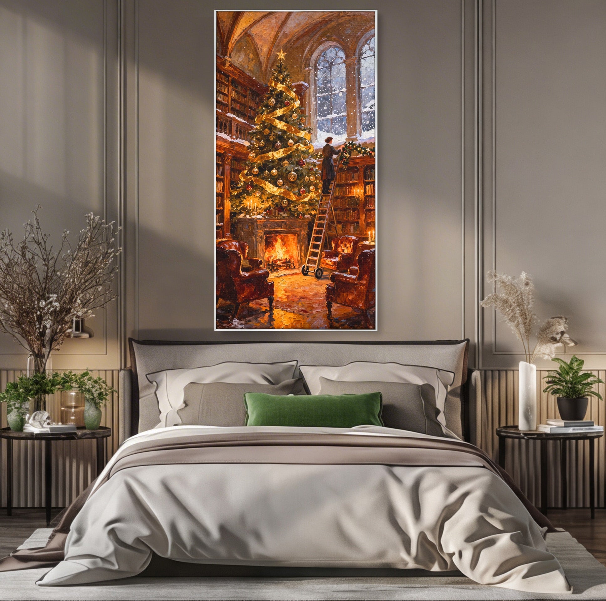 Tablou Canvas Premium LuxCanva® PI1334, Biblioteca De Craciun, Scara, Carti, Bibliotecar, Iarna, Culori Vibrante, Living, Dormitor