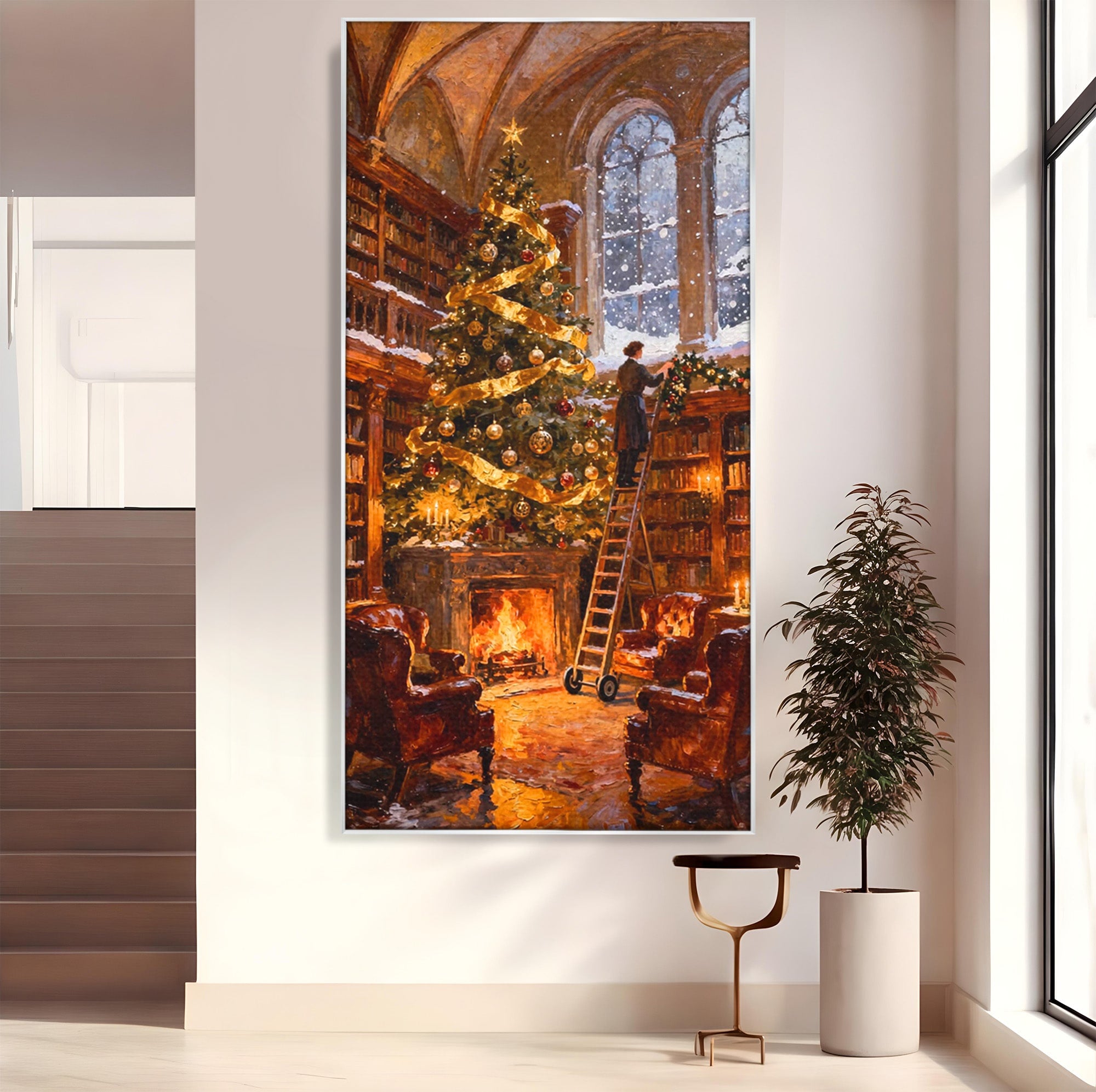 Tablou Canvas Premium LuxCanva® PI1334, Biblioteca De Craciun, Scara, Carti, Bibliotecar, Iarna, Culori Vibrante, Living, Dormitor