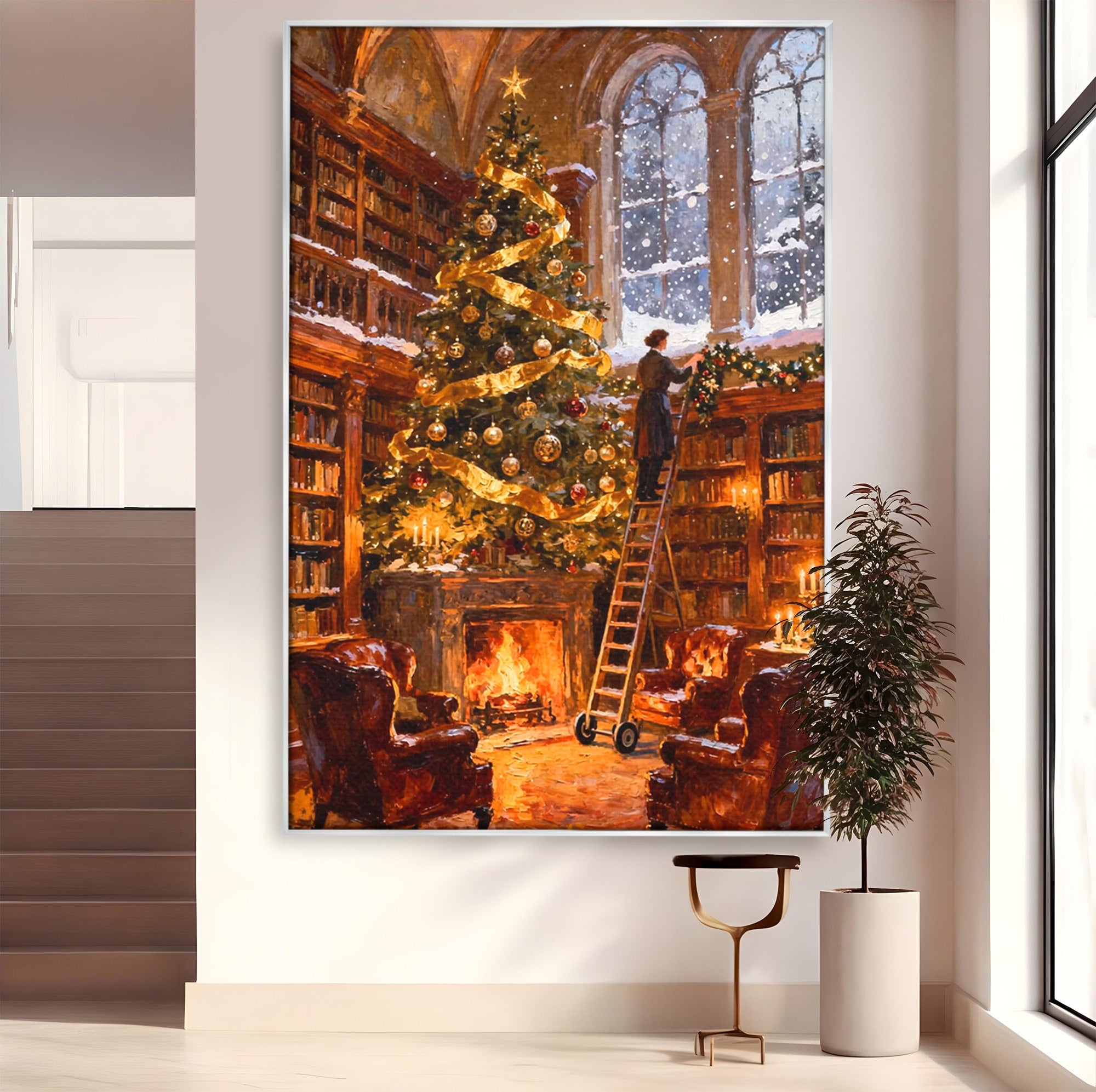 Tablou Canvas Premium LuxCanva® PI1334, Biblioteca De Craciun, Scara, Carti, Bibliotecar, Iarna, Culori Vibrante, Living, Dormitor