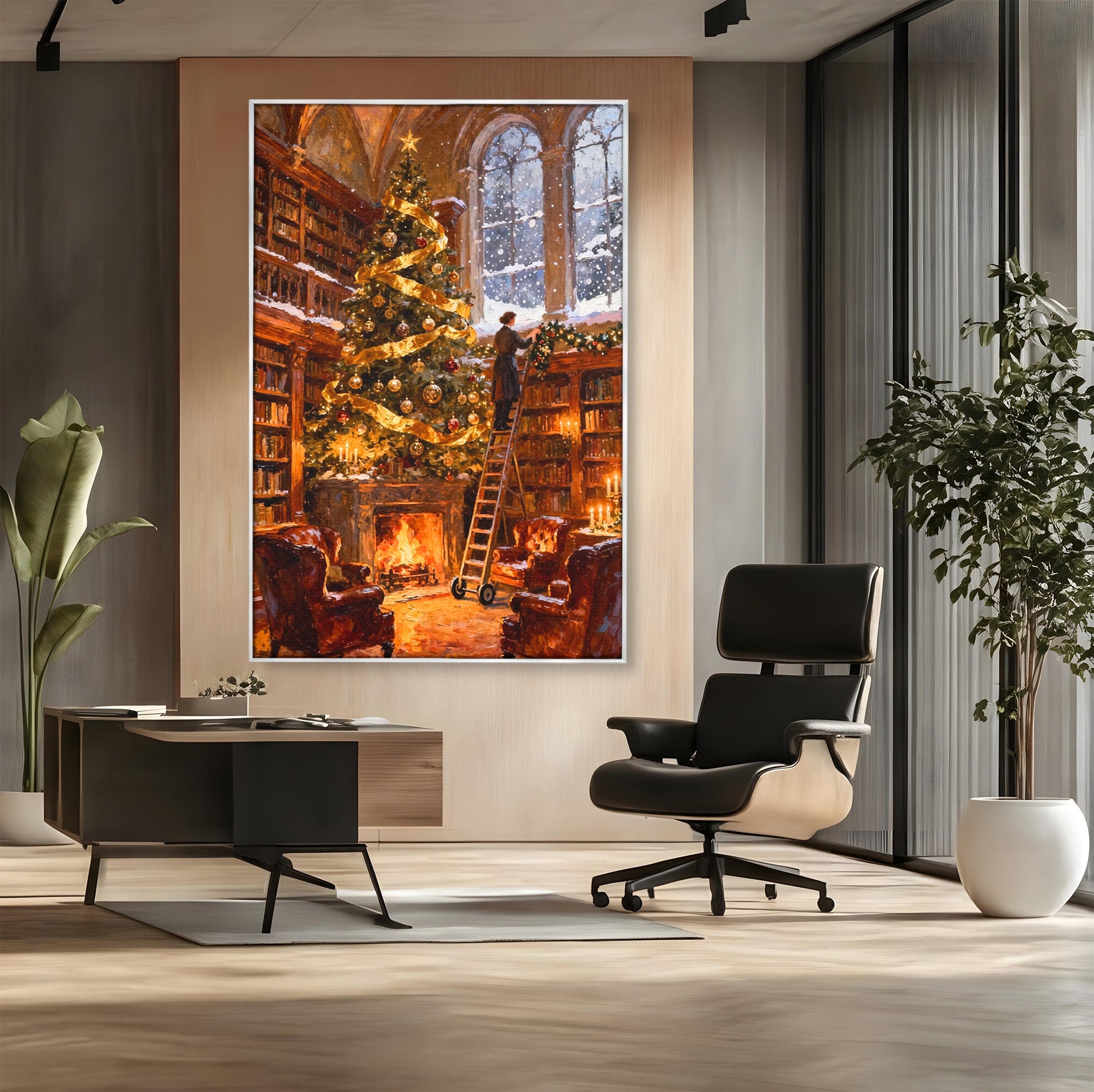 Tablou Canvas Premium LuxCanva® PI1334, Biblioteca De Craciun, Scara, Carti, Bibliotecar, Iarna, Culori Vibrante, Living, Dormitor