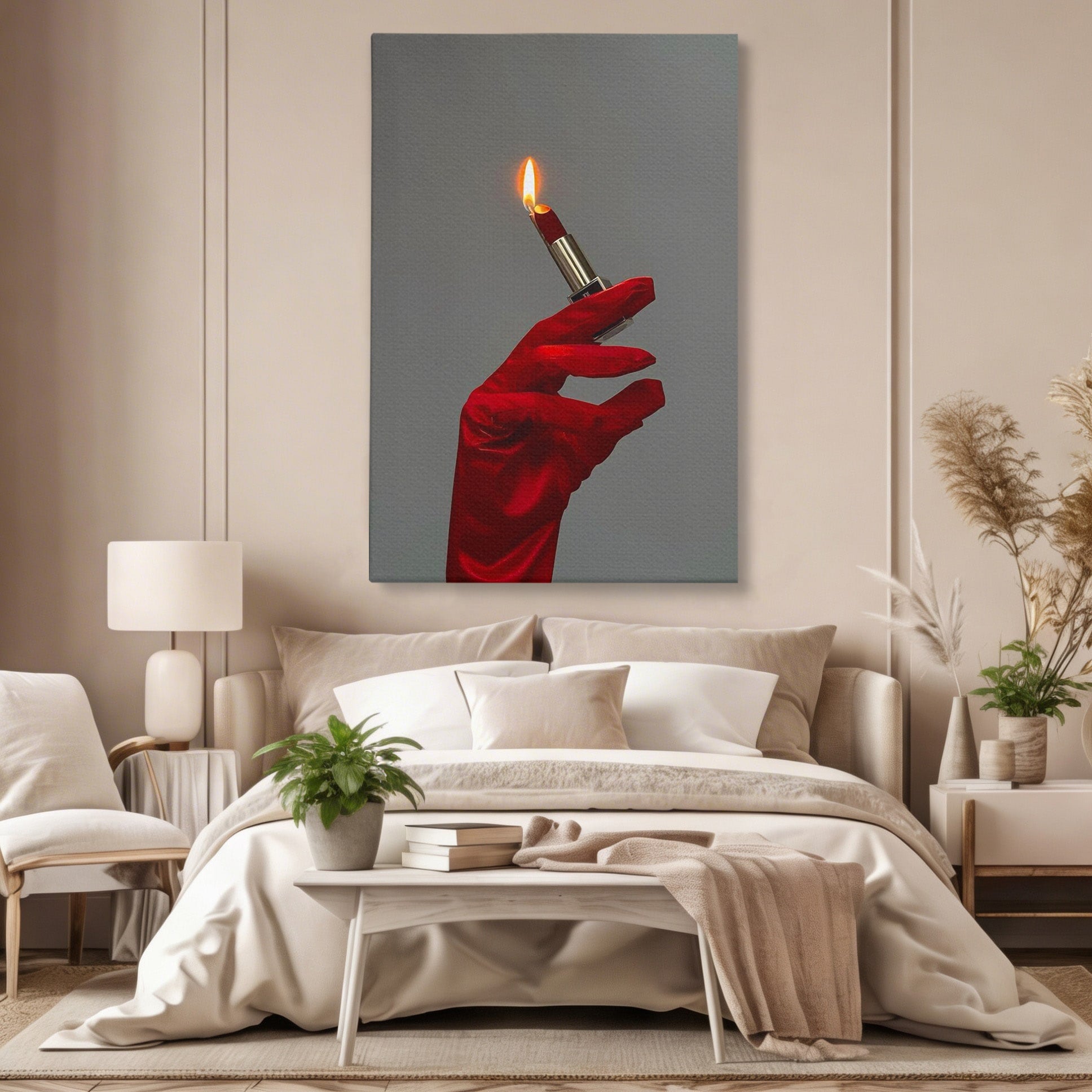 Tablou Canvas Premium LuxCanva® PI1336, Ruj Aprins, Rosu, Foc, MakeUp, Manusi, Mister, Culori Vibrante, Living, Dormitor, Salon