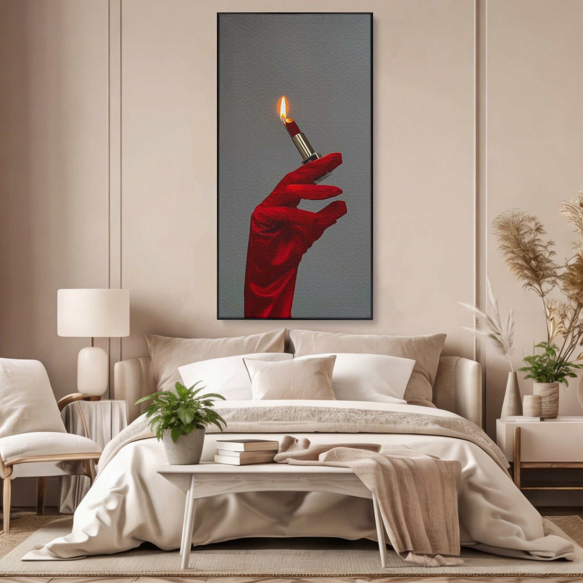 Tablou Canvas Premium LuxCanva® PI1336, Ruj Aprins, Rosu, Foc, MakeUp, Manusi, Mister, Culori Vibrante, Living, Dormitor, Salon