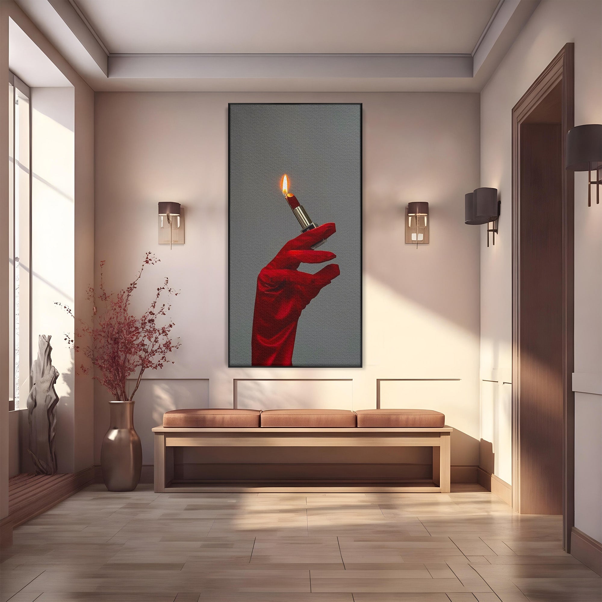 Tablou Canvas Premium LuxCanva® PI1336, Ruj Aprins, Rosu, Foc, MakeUp, Manusi, Mister, Culori Vibrante, Living, Dormitor, Salon
