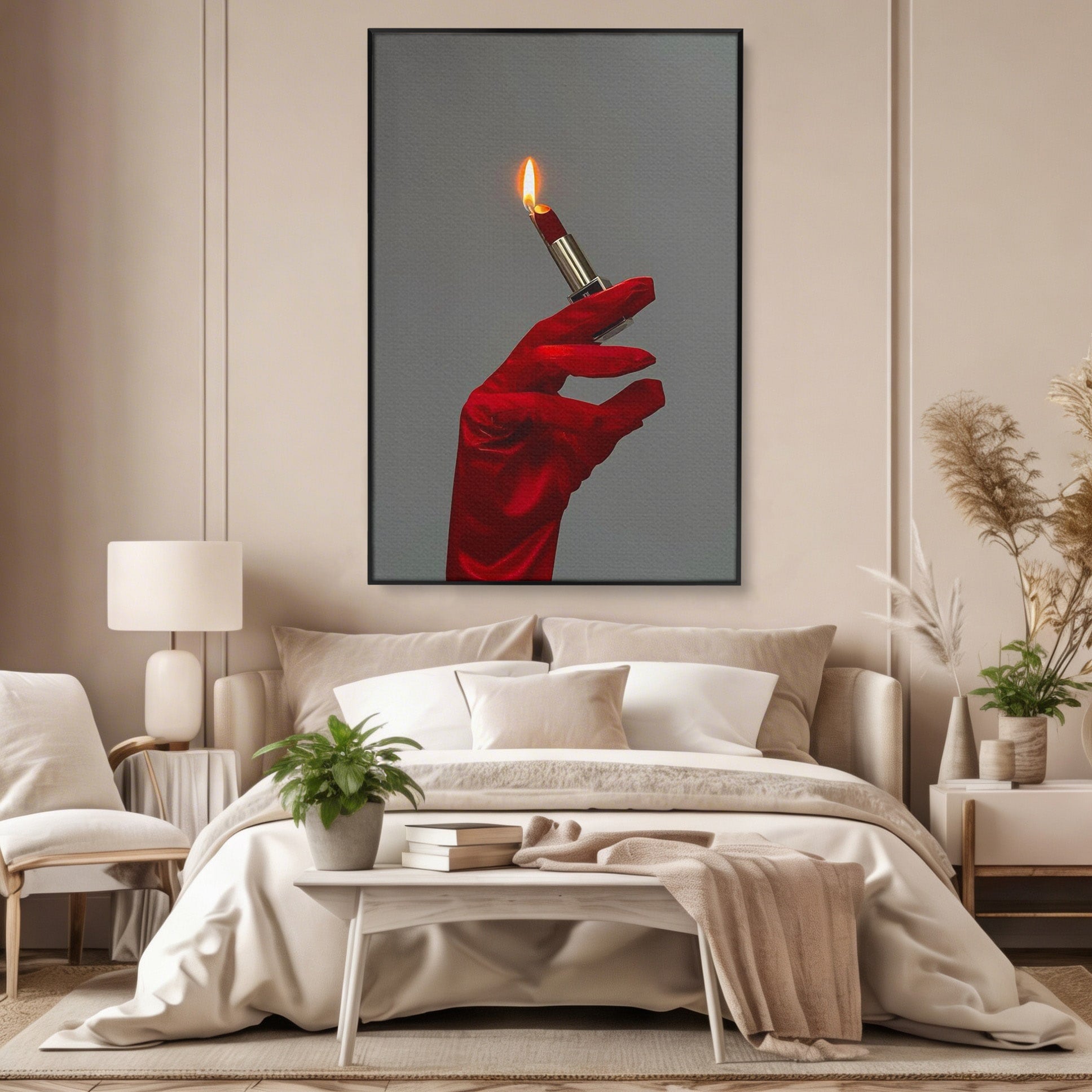 Tablou Canvas Premium LuxCanva® PI1336, Ruj Aprins, Rosu, Foc, MakeUp, Manusi, Mister, Culori Vibrante, Living, Dormitor, Salon