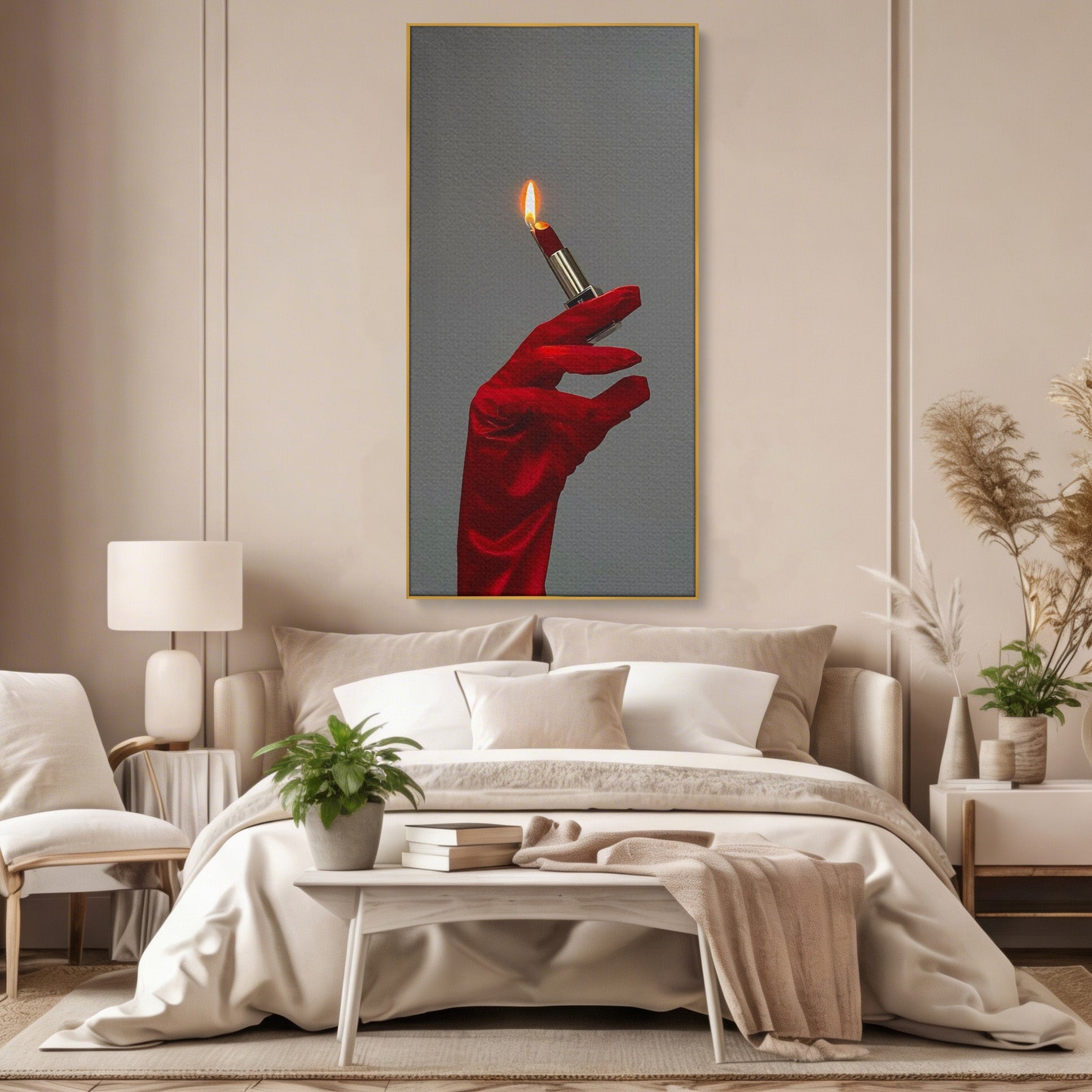 Tablou Canvas Premium LuxCanva® PI1336, Ruj Aprins, Rosu, Foc, MakeUp, Manusi, Mister, Culori Vibrante, Living, Dormitor, Salon