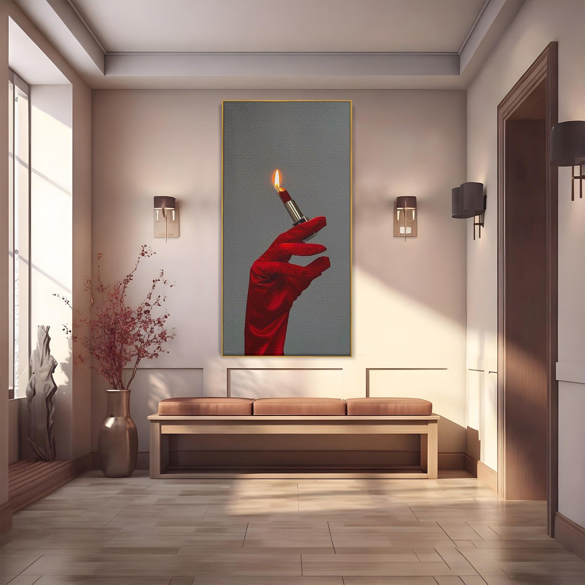 Tablou Canvas Premium LuxCanva® PI1336, Ruj Aprins, Rosu, Foc, MakeUp, Manusi, Mister, Culori Vibrante, Living, Dormitor, Salon
