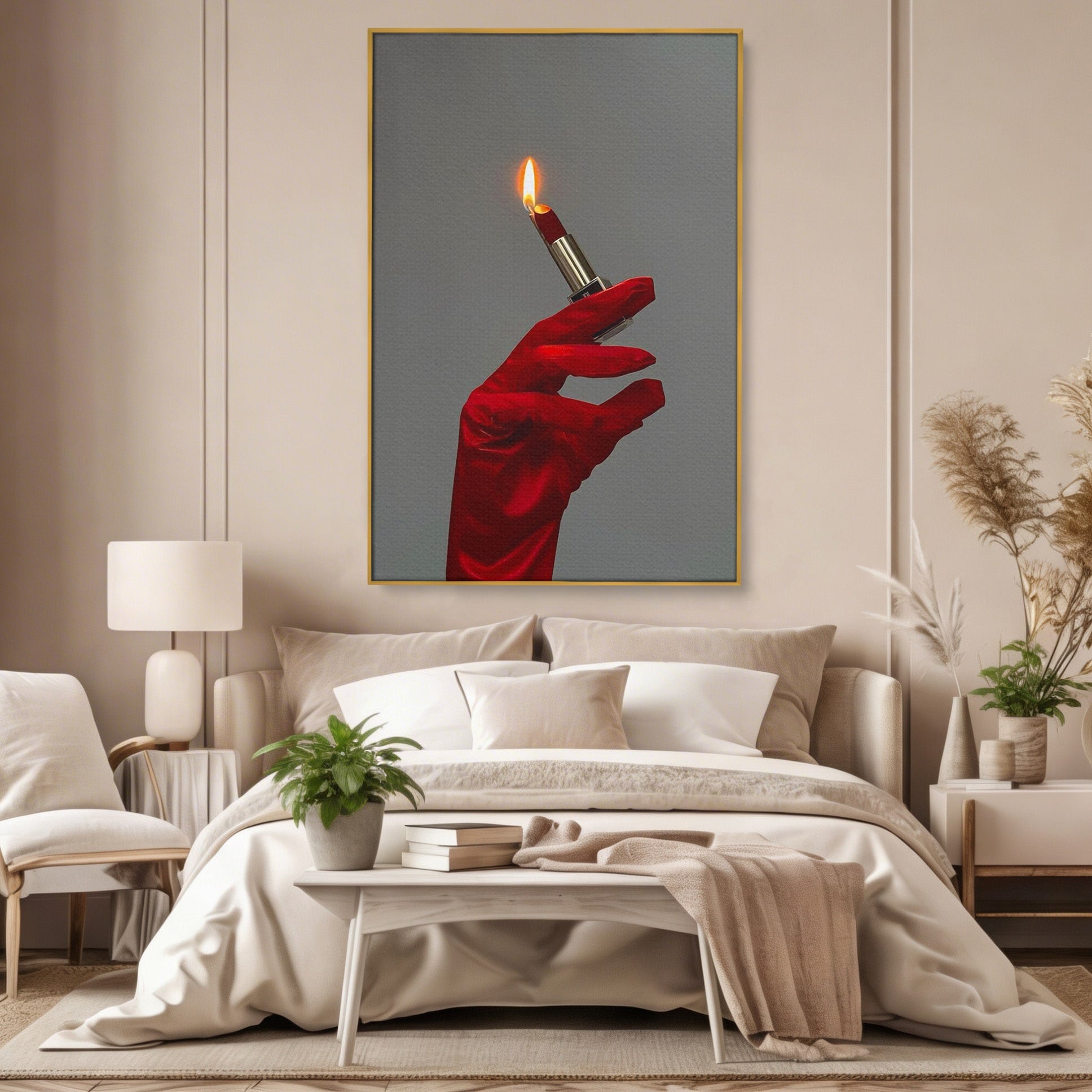 Tablou Canvas Premium LuxCanva® PI1336, Ruj Aprins, Rosu, Foc, MakeUp, Manusi, Mister, Culori Vibrante, Living, Dormitor, Salon