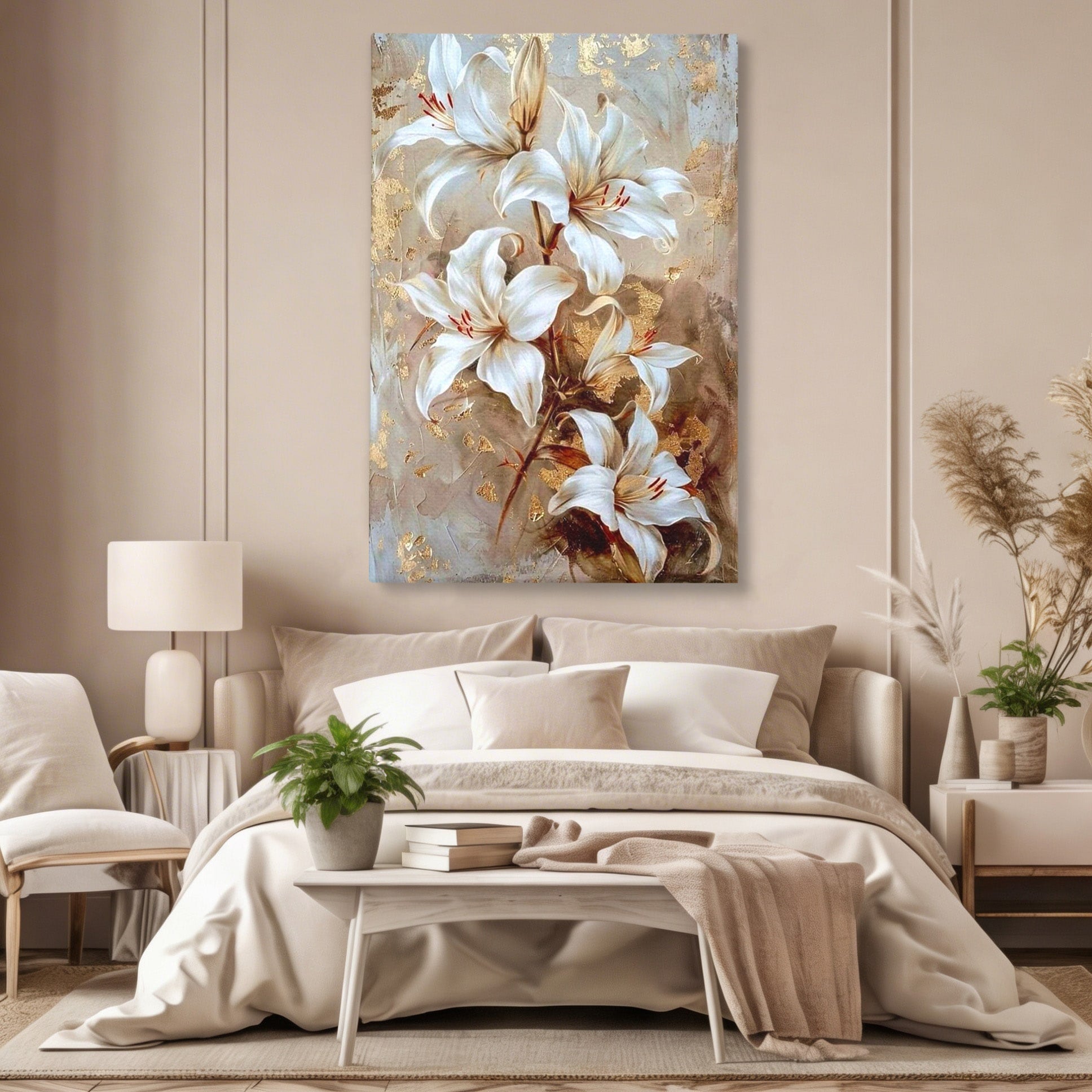 Tablou Canvas Premium LuxCanva® PI1337, Crini Aurii, Petale, Floral, Eleganta, Culori Vibrante, Living, Dormitor