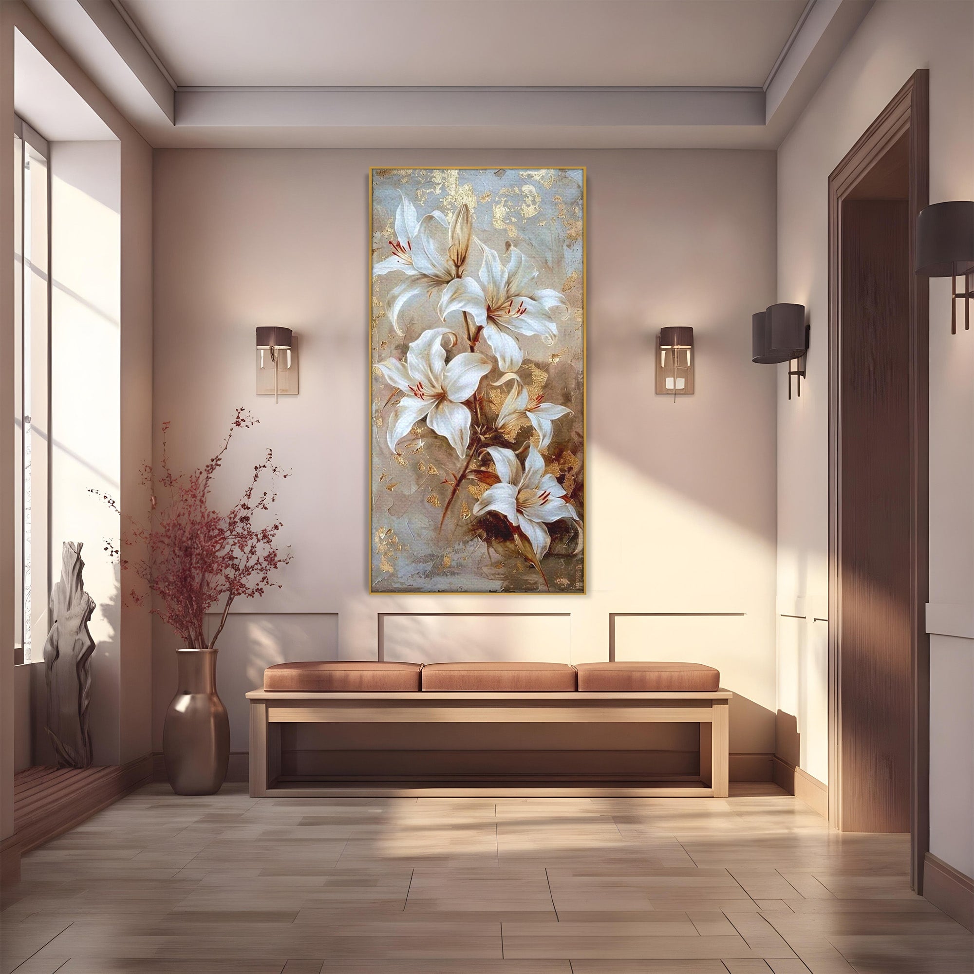 Tablou Canvas Premium LuxCanva® PI1337, Crini Aurii, Petale, Floral, Eleganta, Culori Vibrante, Living, Dormitor