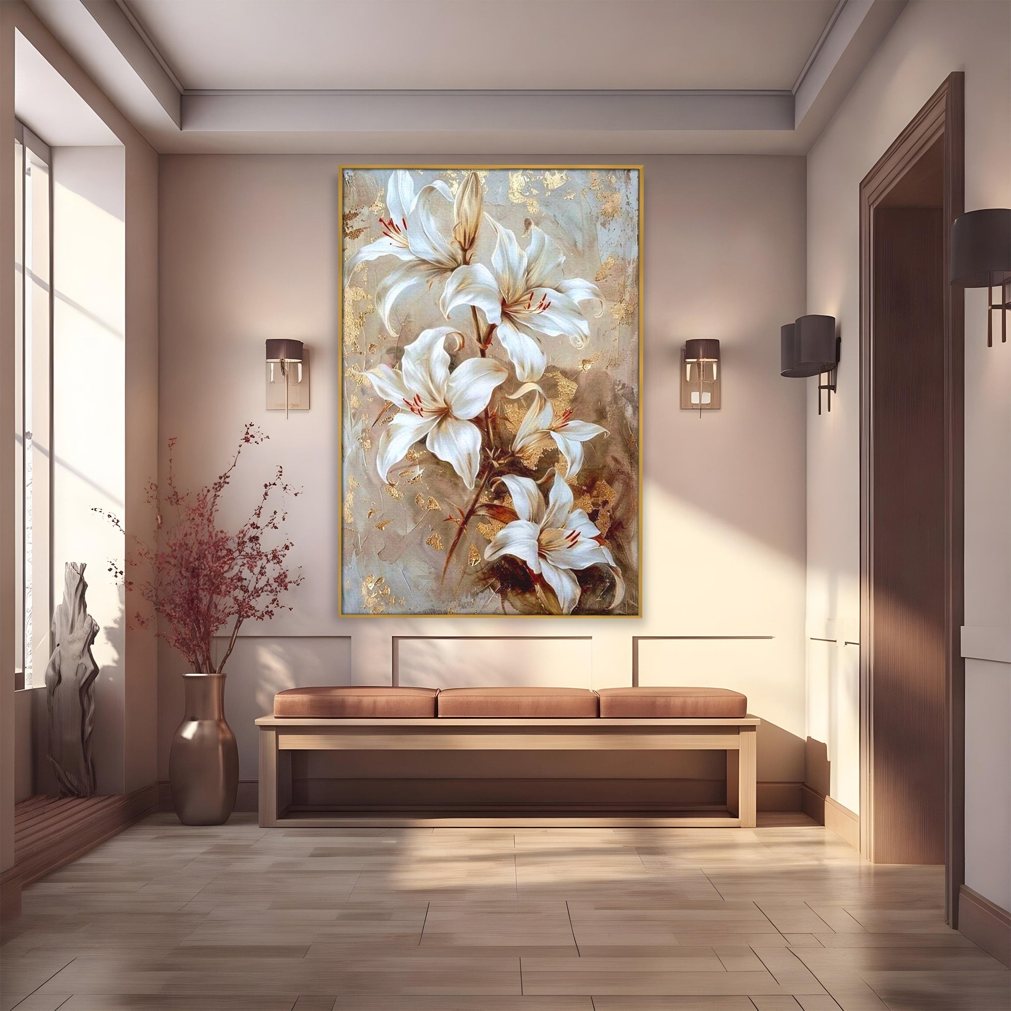 Tablou Canvas Premium LuxCanva® PI1337, Crini Aurii, Petale, Floral, Eleganta, Culori Vibrante, Living, Dormitor
