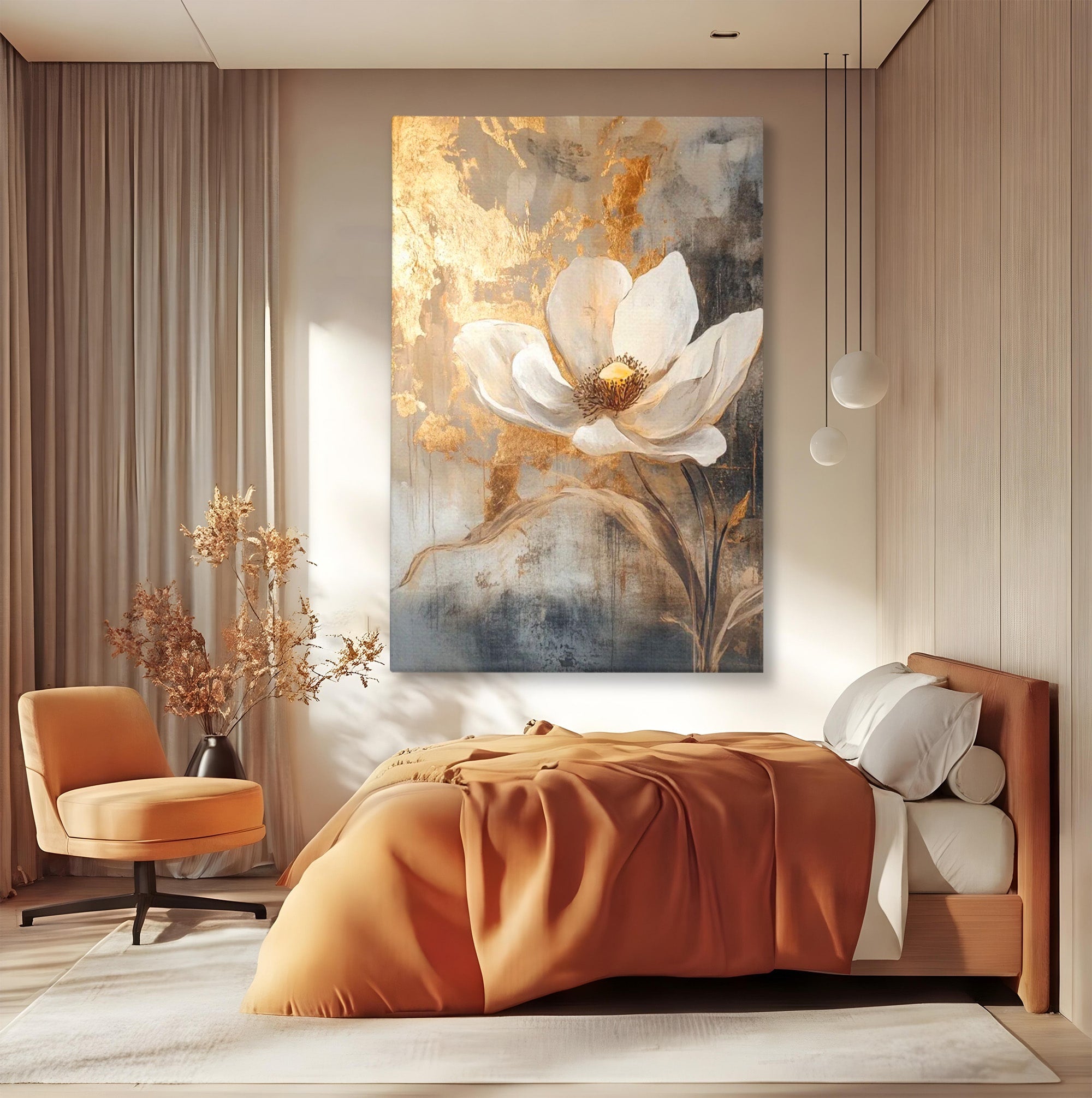 Tablou Canvas Premium LuxCanva® PI1340, Petala De Aur, Floare, Arta Abstracta, Eleganta, Natura, Culori Vibrante, Living, Dormitor