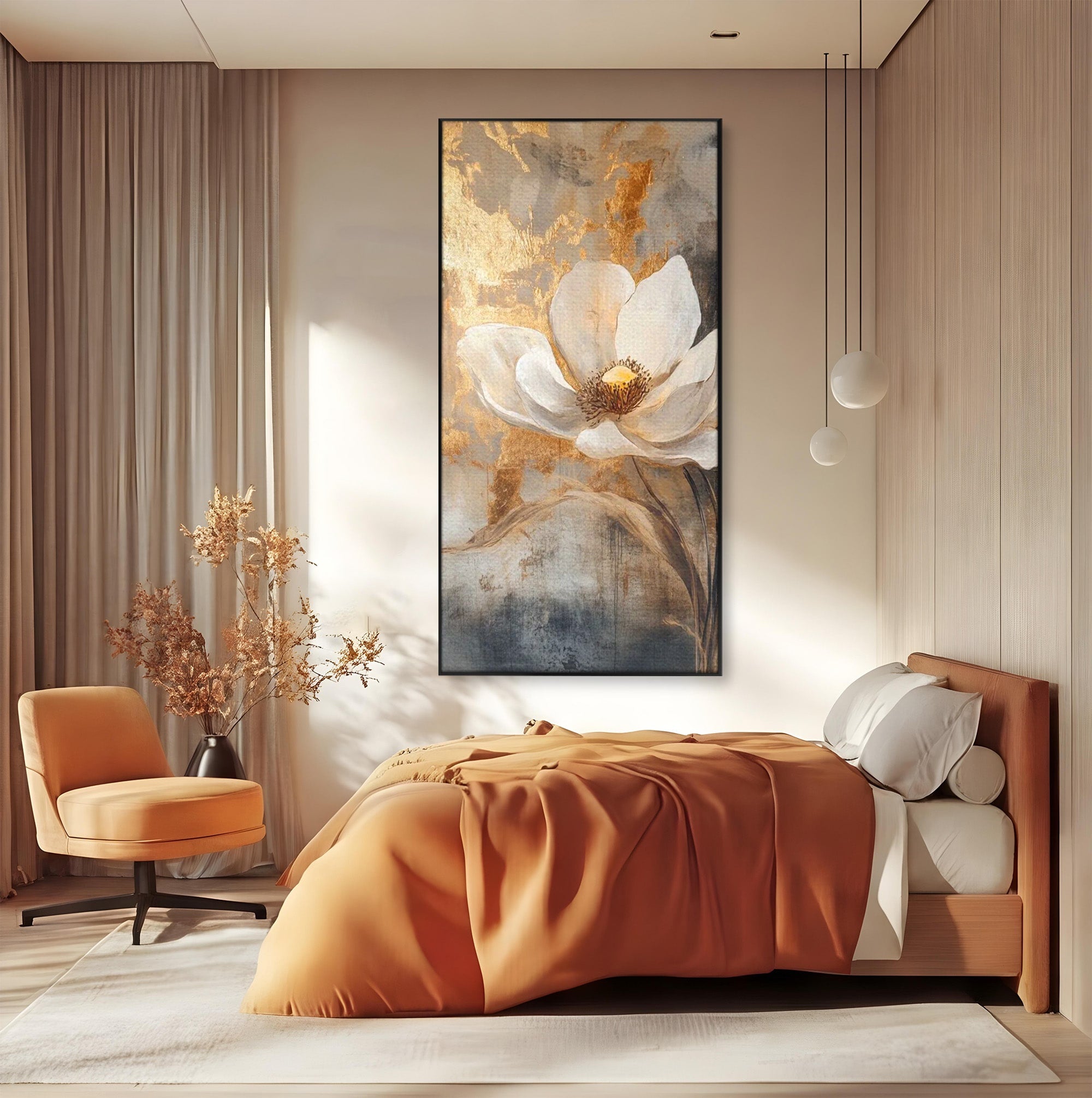 Tablou Canvas Premium LuxCanva® PI1340, Petala De Aur, Floare, Arta Abstracta, Eleganta, Natura, Culori Vibrante, Living, Dormitor