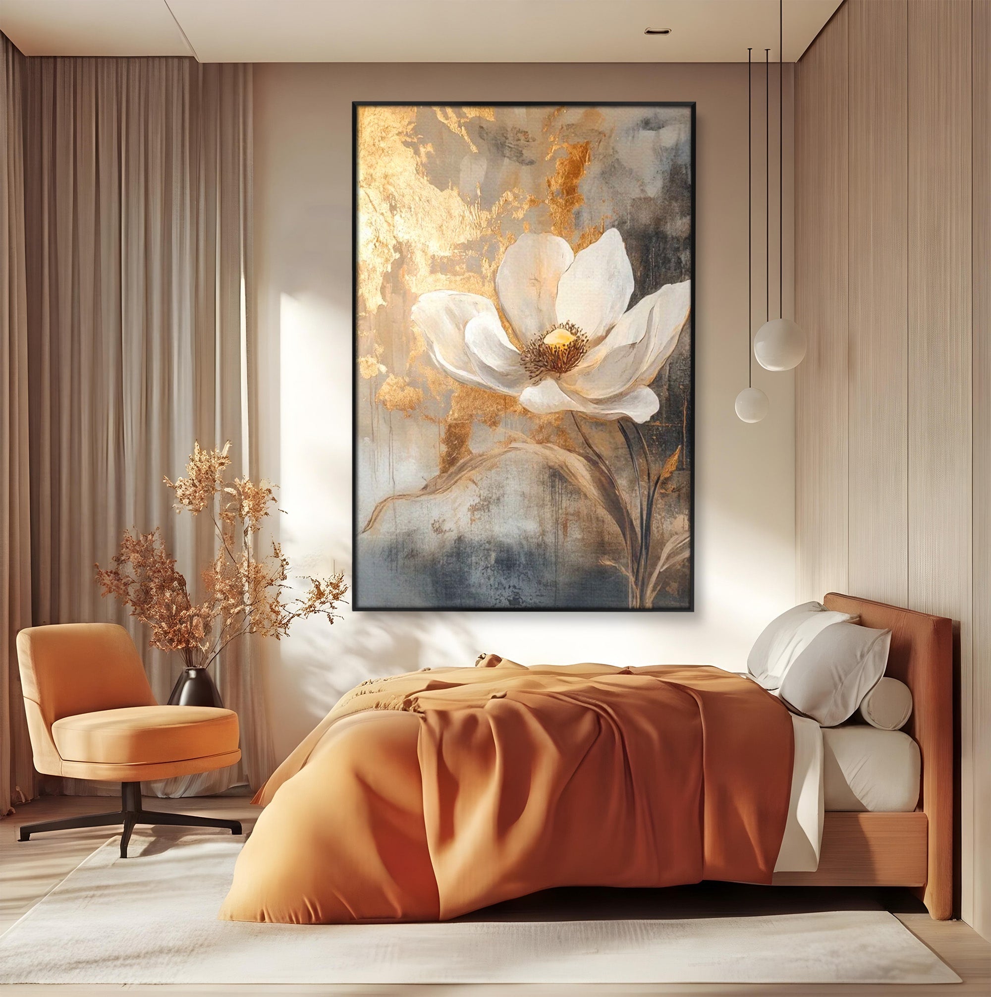 Tablou Canvas Premium LuxCanva® PI1340, Petala De Aur, Floare, Arta Abstracta, Eleganta, Natura, Culori Vibrante, Living, Dormitor