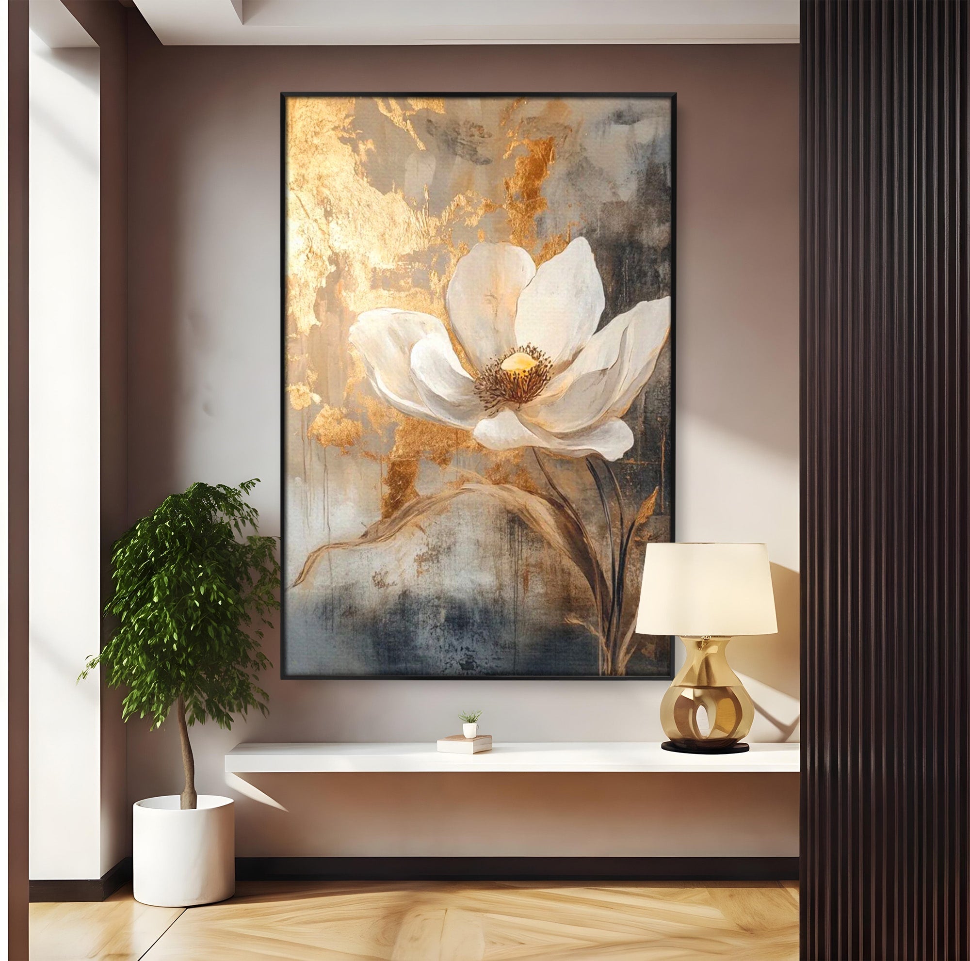 Tablou Canvas Premium LuxCanva® PI1340, Petala De Aur, Floare, Arta Abstracta, Eleganta, Natura, Culori Vibrante, Living, Dormitor