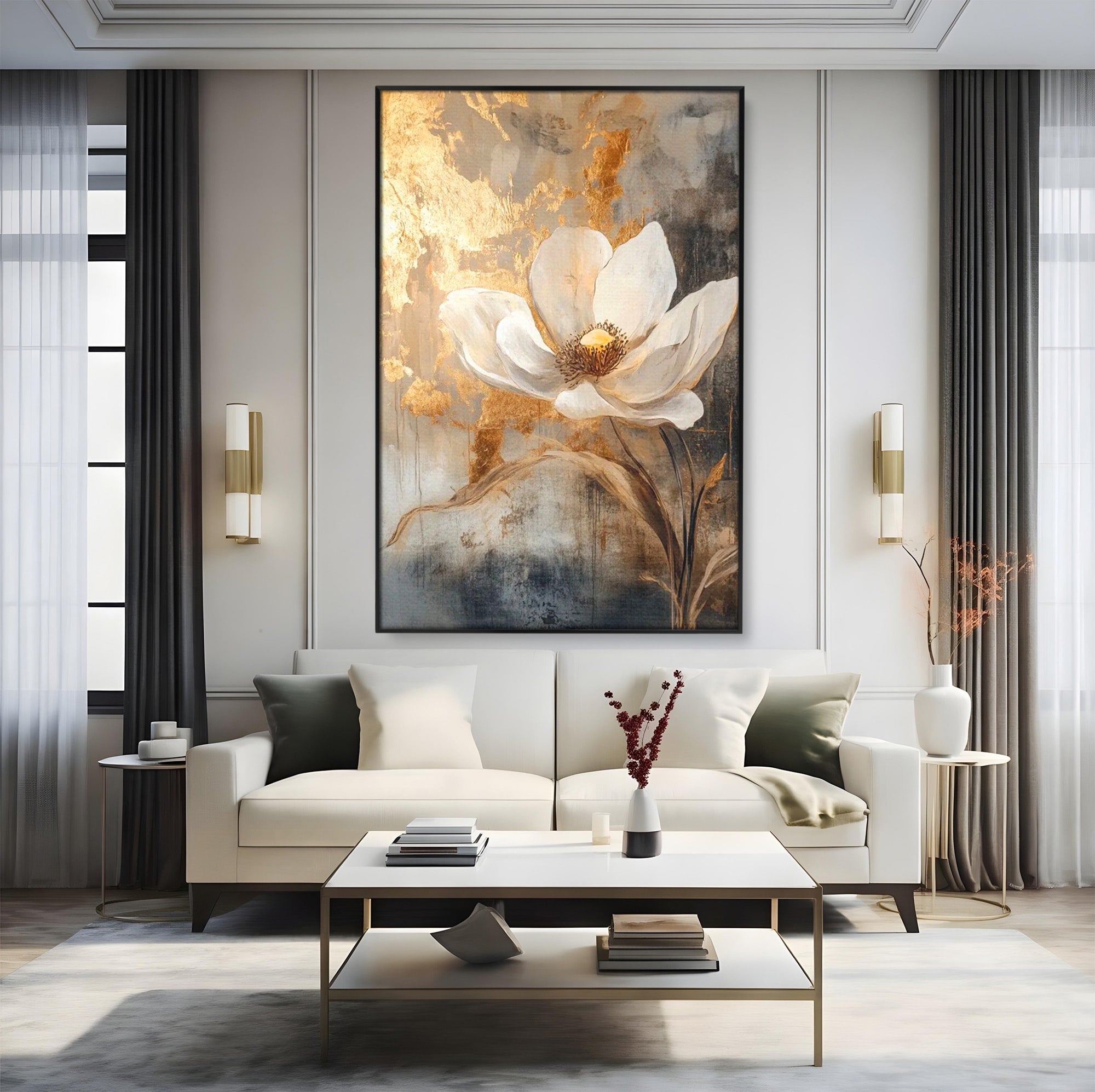 Tablou Canvas Premium LuxCanva® PI1340, Petala De Aur, Floare, Arta Abstracta, Eleganta, Natura, Culori Vibrante, Living, Dormitor