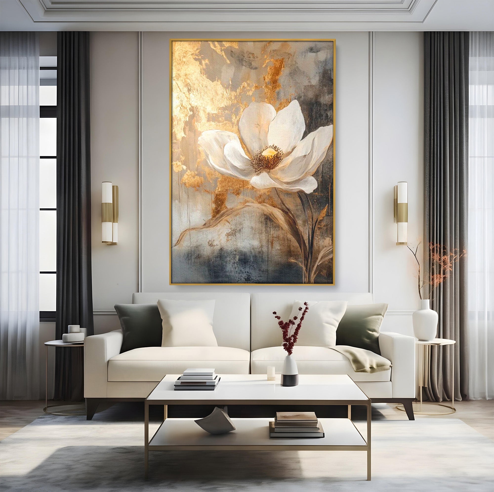 Tablou Canvas Premium LuxCanva® PI1340, Petala De Aur, Floare, Arta Abstracta, Eleganta, Natura, Culori Vibrante, Living, Dormitor