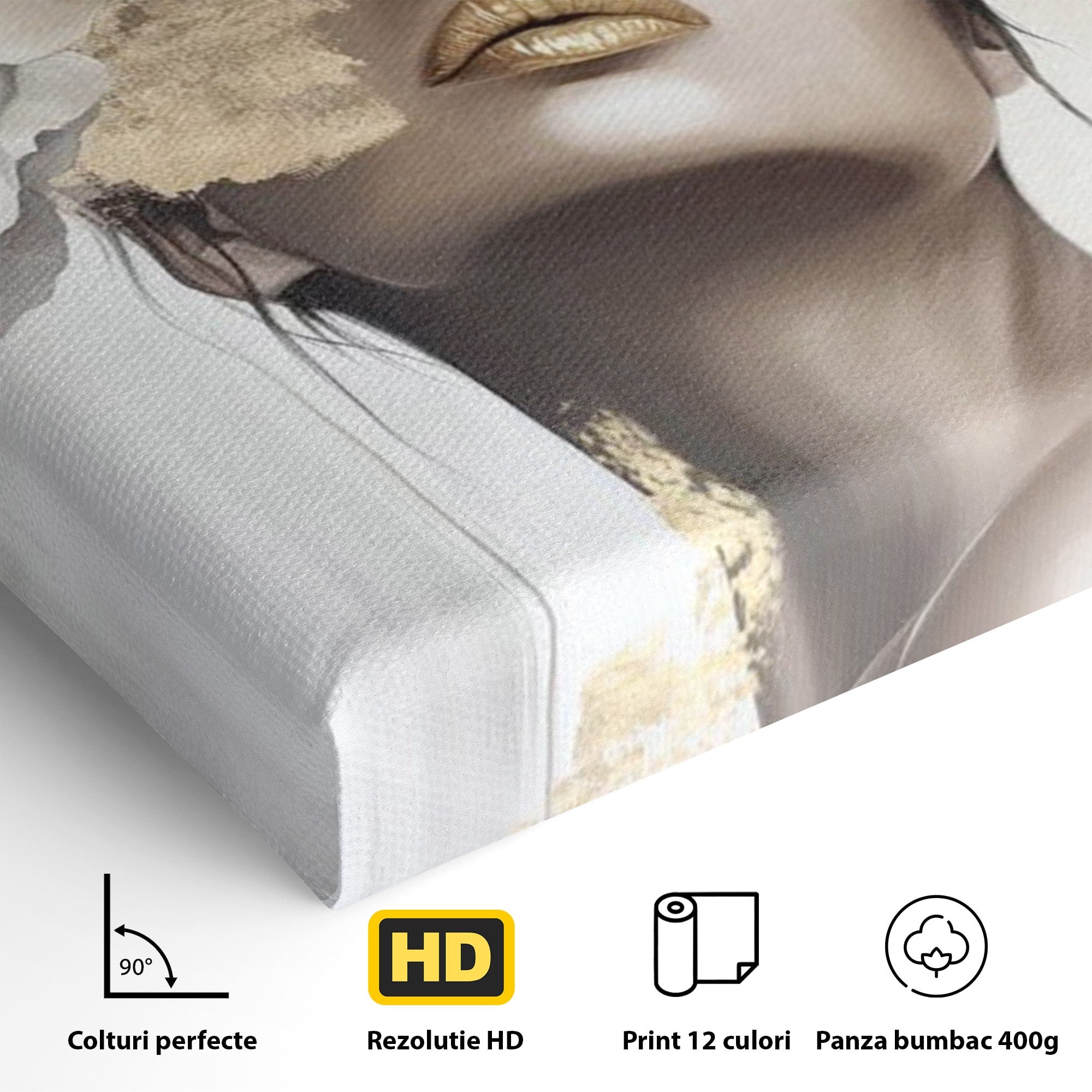 Tablou Canvas Premium LuxCanva® PI1341, Misterul Florilor Aurii, Portret, Femeie, Fotomodel, Gold, Culori Vibrante, Living, Dormitor