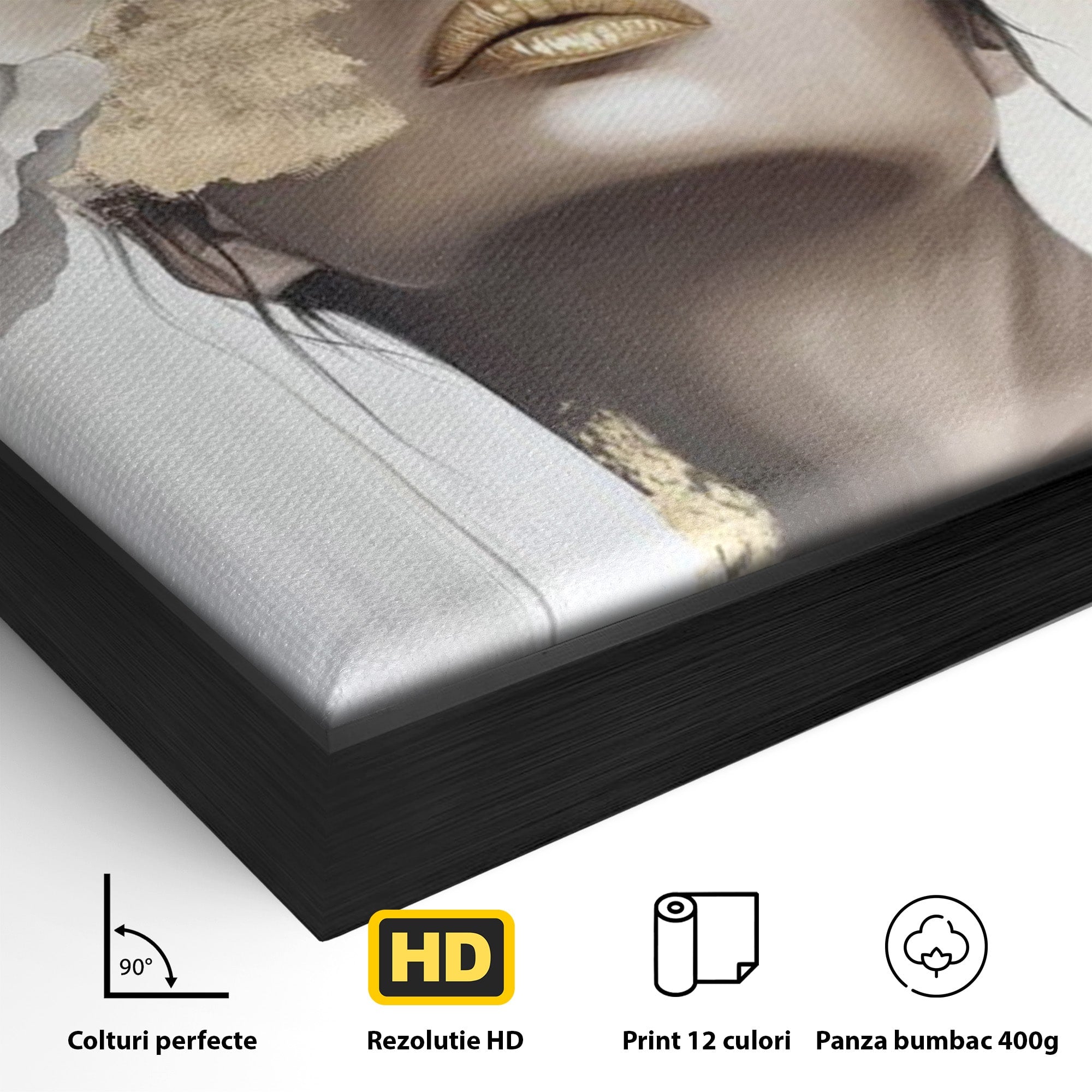 Tablou Canvas Premium LuxCanva® PI1341, Misterul Florilor Aurii, Portret, Femeie, Fotomodel, Gold, Culori Vibrante, Living, Dormitor