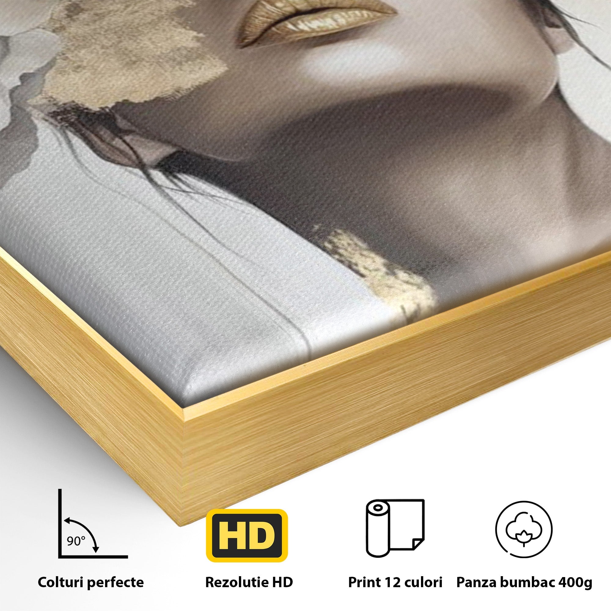 Tablou Canvas Premium LuxCanva® PI1341, Misterul Florilor Aurii, Portret, Femeie, Fotomodel, Gold, Culori Vibrante, Living, Dormitor