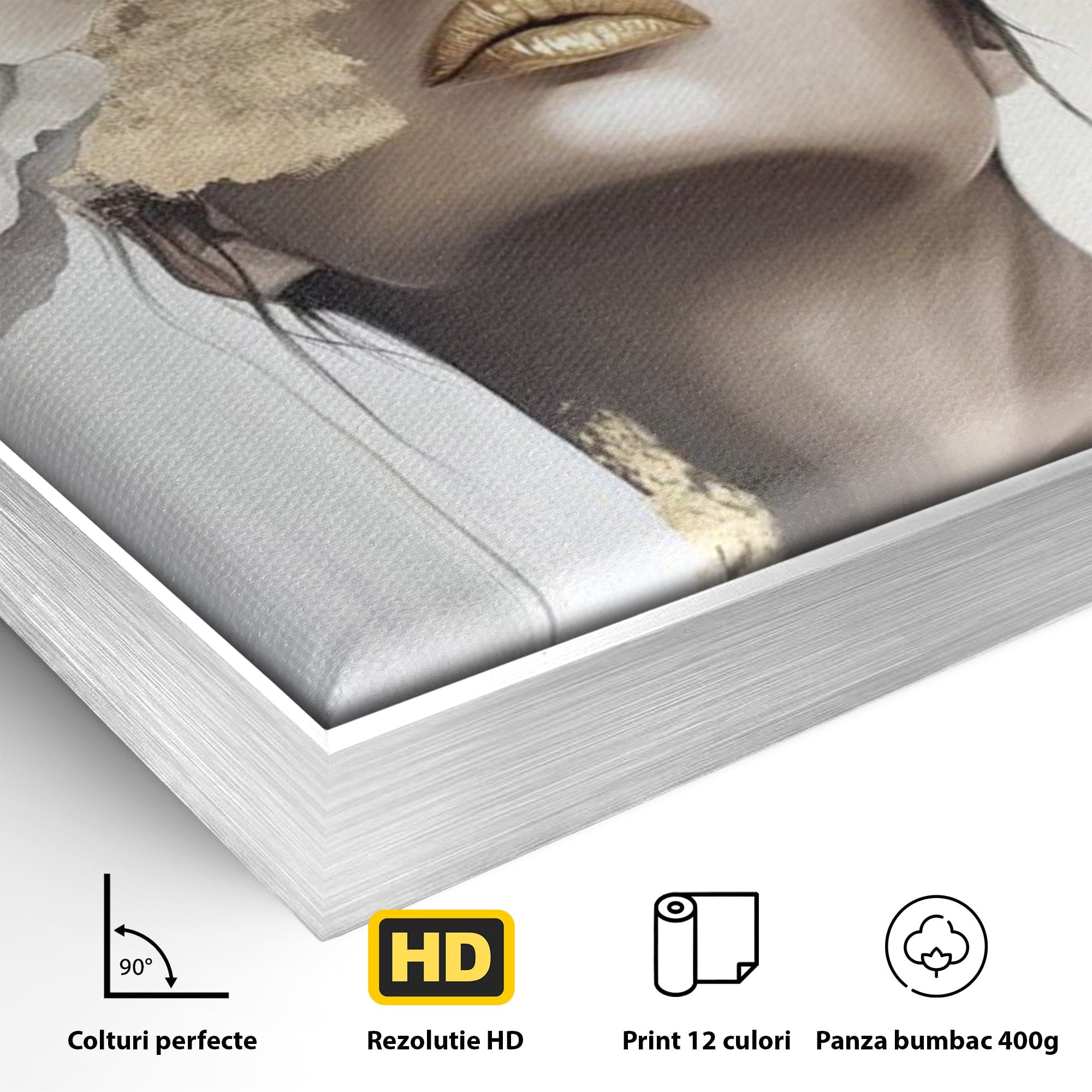 Tablou Canvas Premium LuxCanva® PI1341, Misterul Florilor Aurii, Portret, Femeie, Fotomodel, Gold, Culori Vibrante, Living, Dormitor