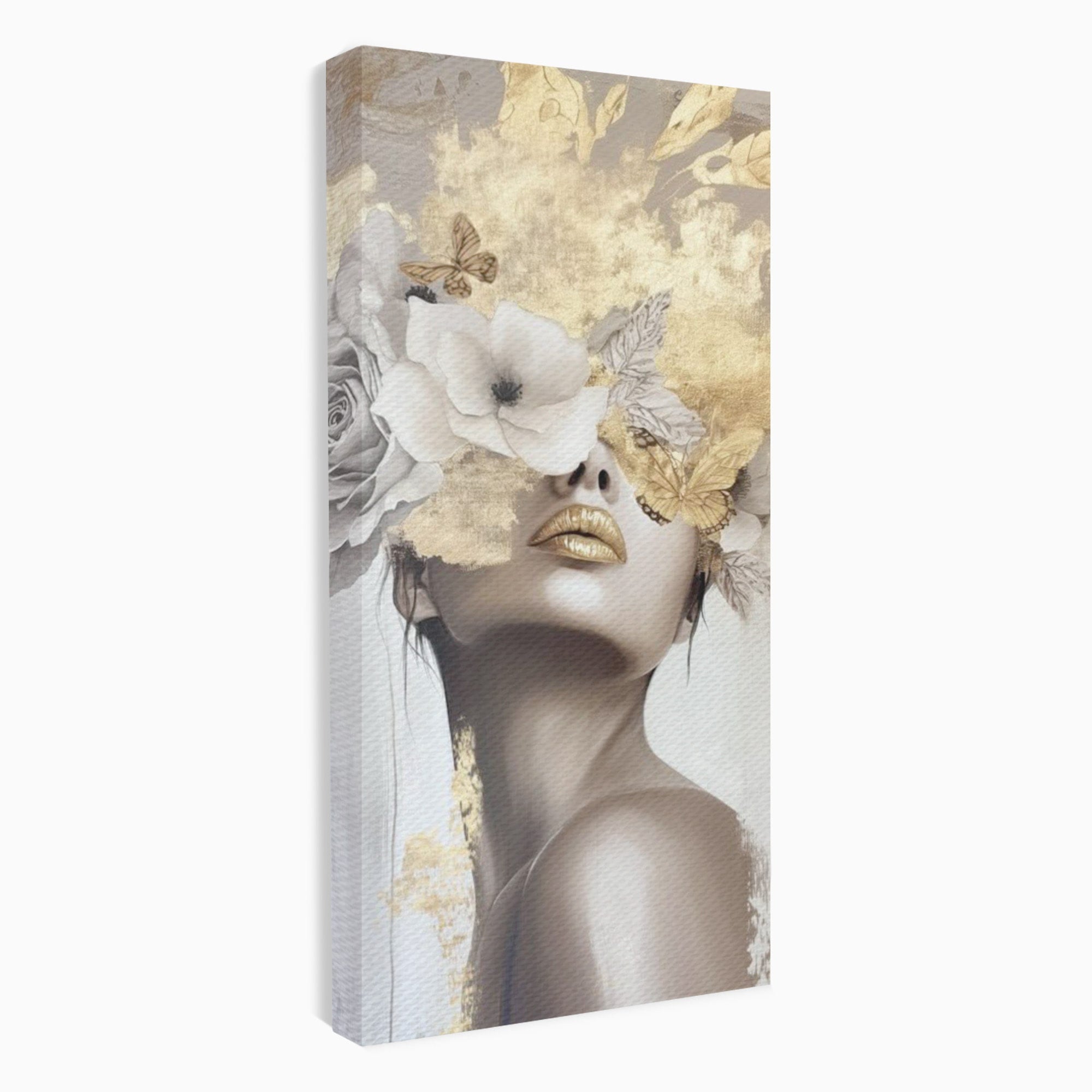 Tablou Canvas Premium LuxCanva® PI1341, Misterul Florilor Aurii, Portret, Femeie, Fotomodel, Gold, Culori Vibrante, Living, Dormitor