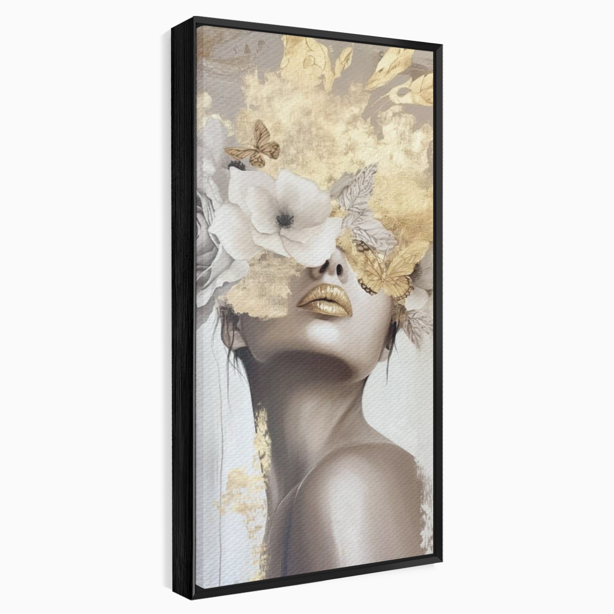 Tablou Canvas Premium LuxCanva® PI1341, Misterul Florilor Aurii, Portret, Femeie, Fotomodel, Gold, Culori Vibrante, Living, Dormitor