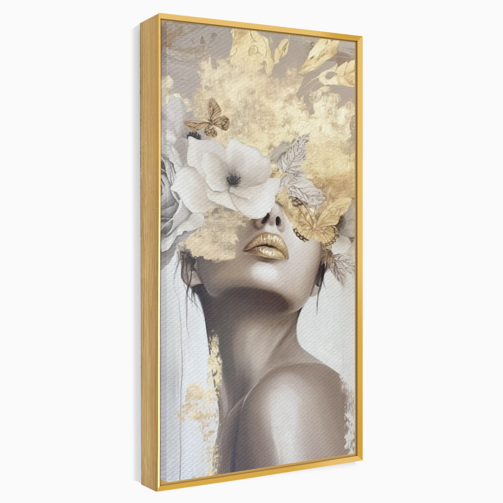 Tablou Canvas Premium LuxCanva® PI1341, Misterul Florilor Aurii, Portret, Femeie, Fotomodel, Gold, Culori Vibrante, Living, Dormitor