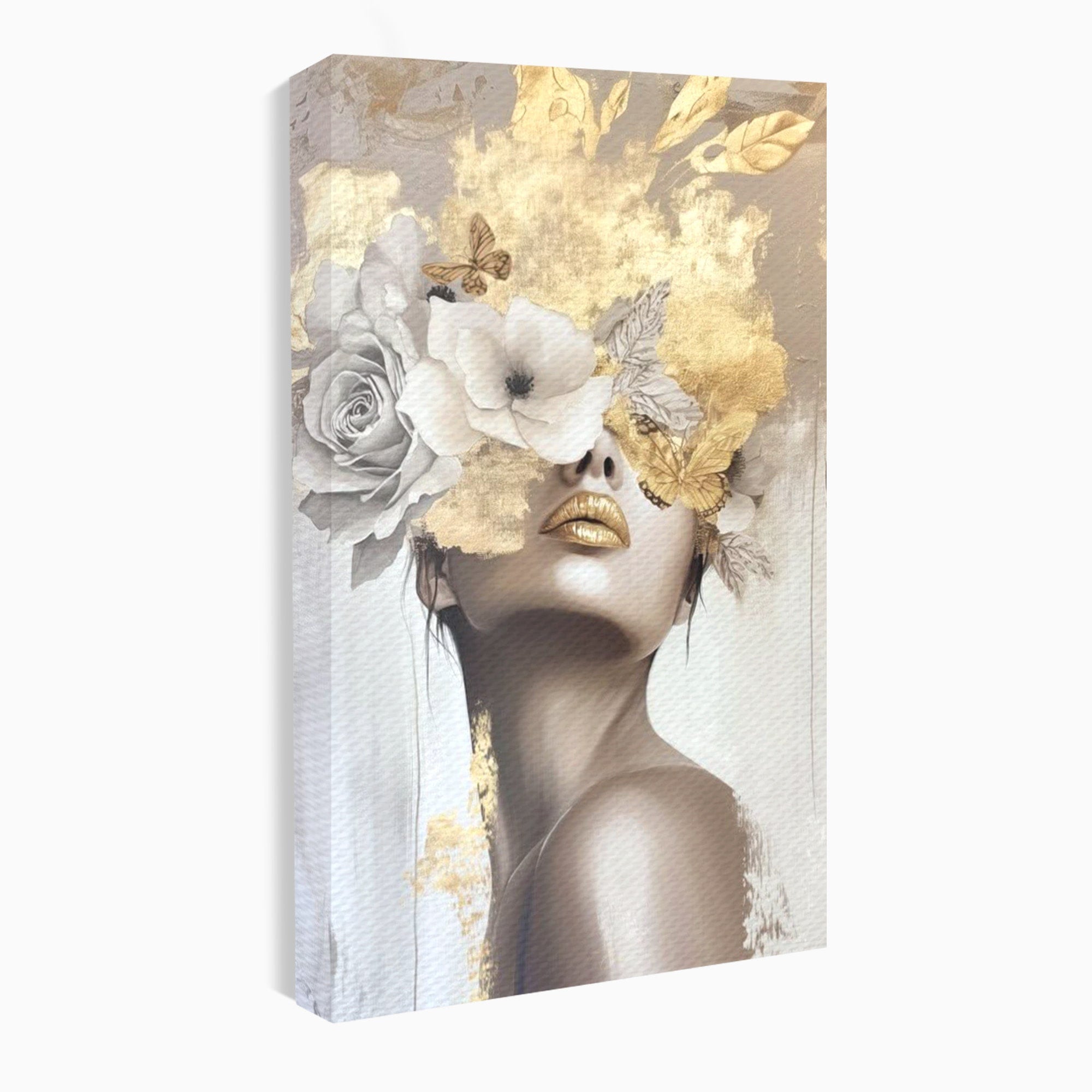 Tablou Canvas Premium LuxCanva® PI1341, Misterul Florilor Aurii, Portret, Femeie, Fotomodel, Gold, Culori Vibrante, Living, Dormitor